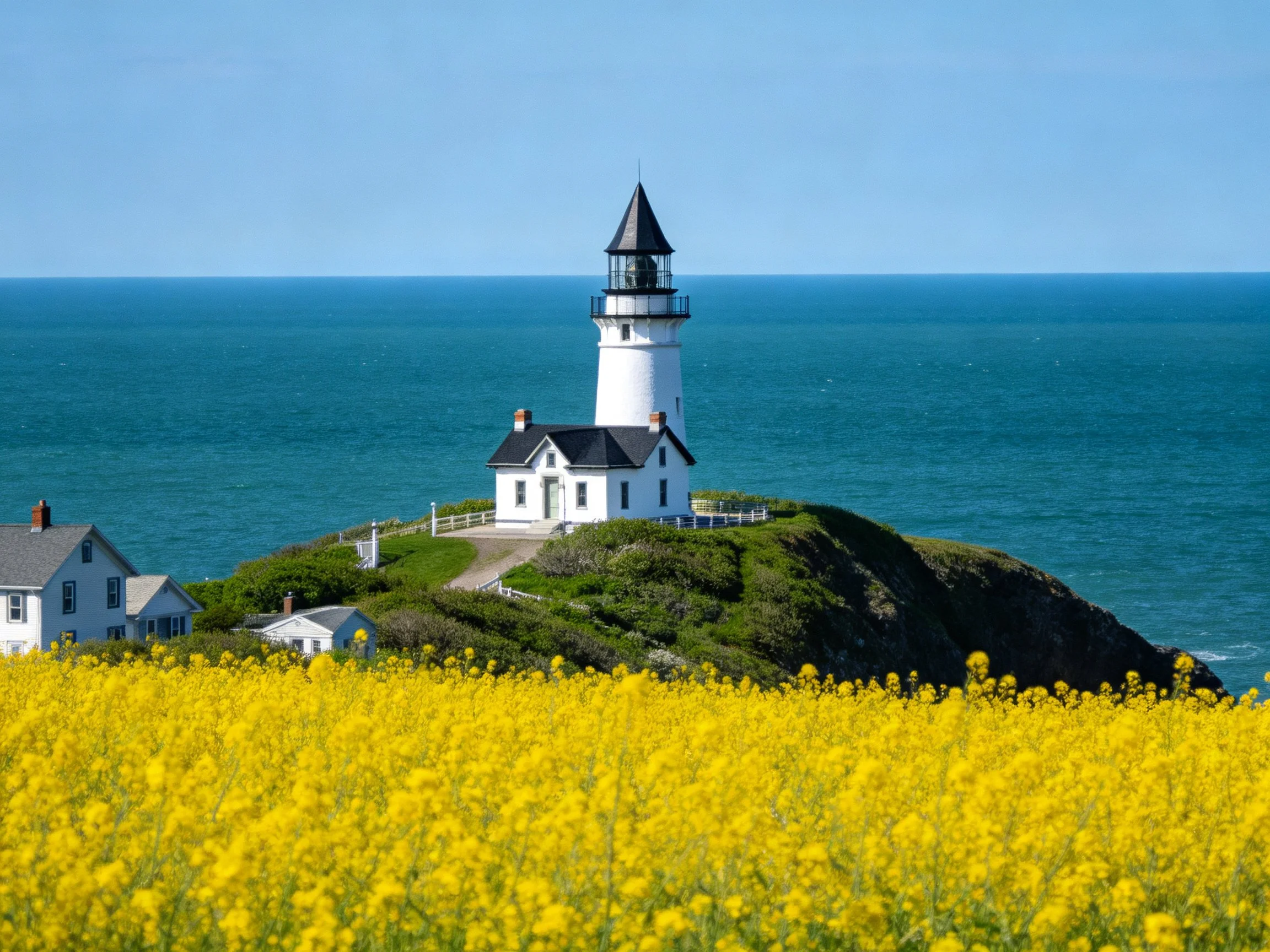 White lighthouse atop coastal cliff with yellow flower field