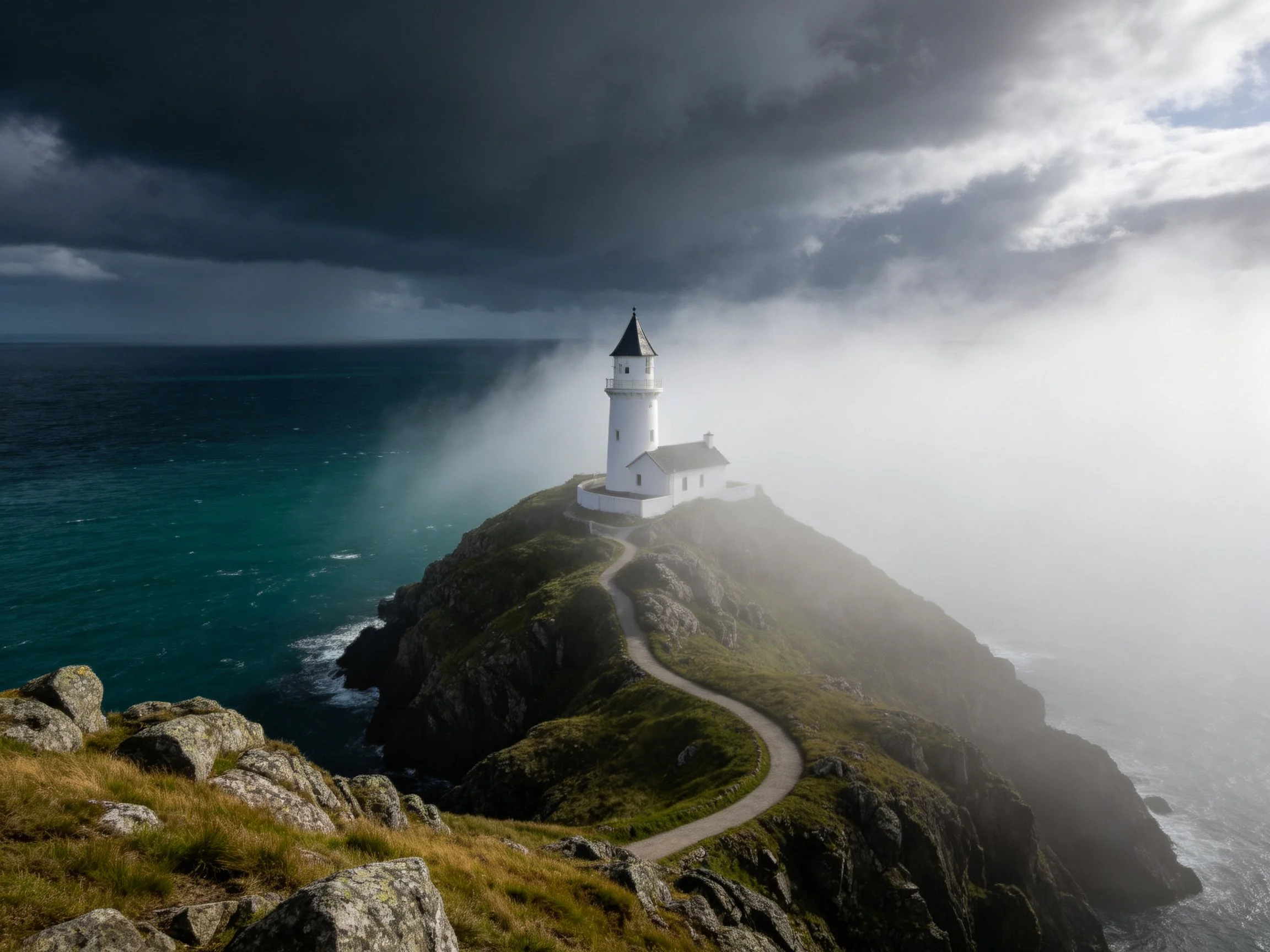 White lighthouse atop rocky cliff by stormy sea