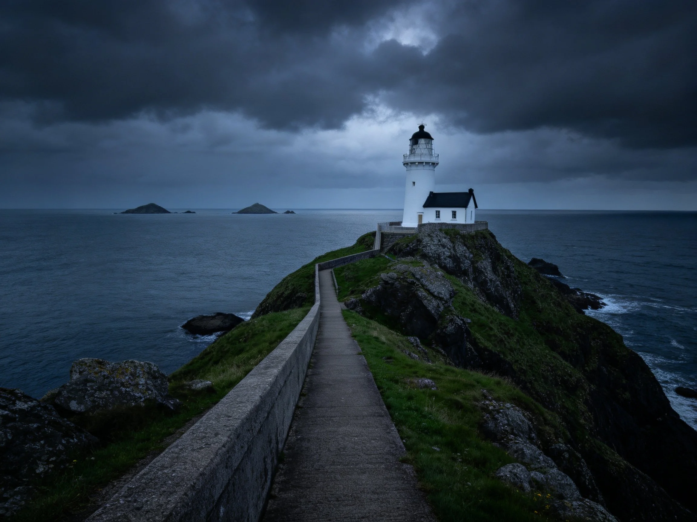 White lighthouse atop rocky coastal cliff by stormy seas