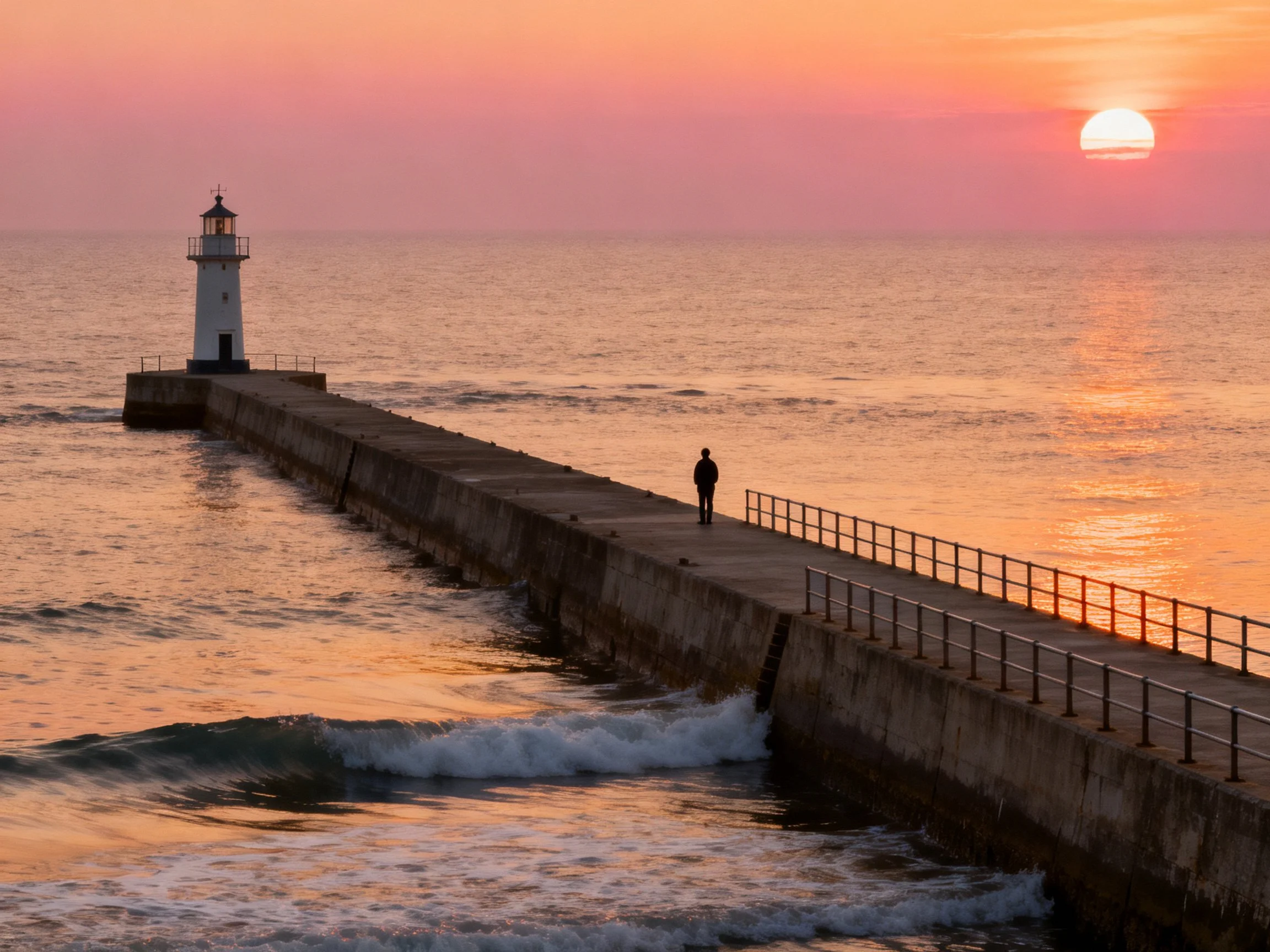 White lighthouse on concrete pier at sunset over calm sea