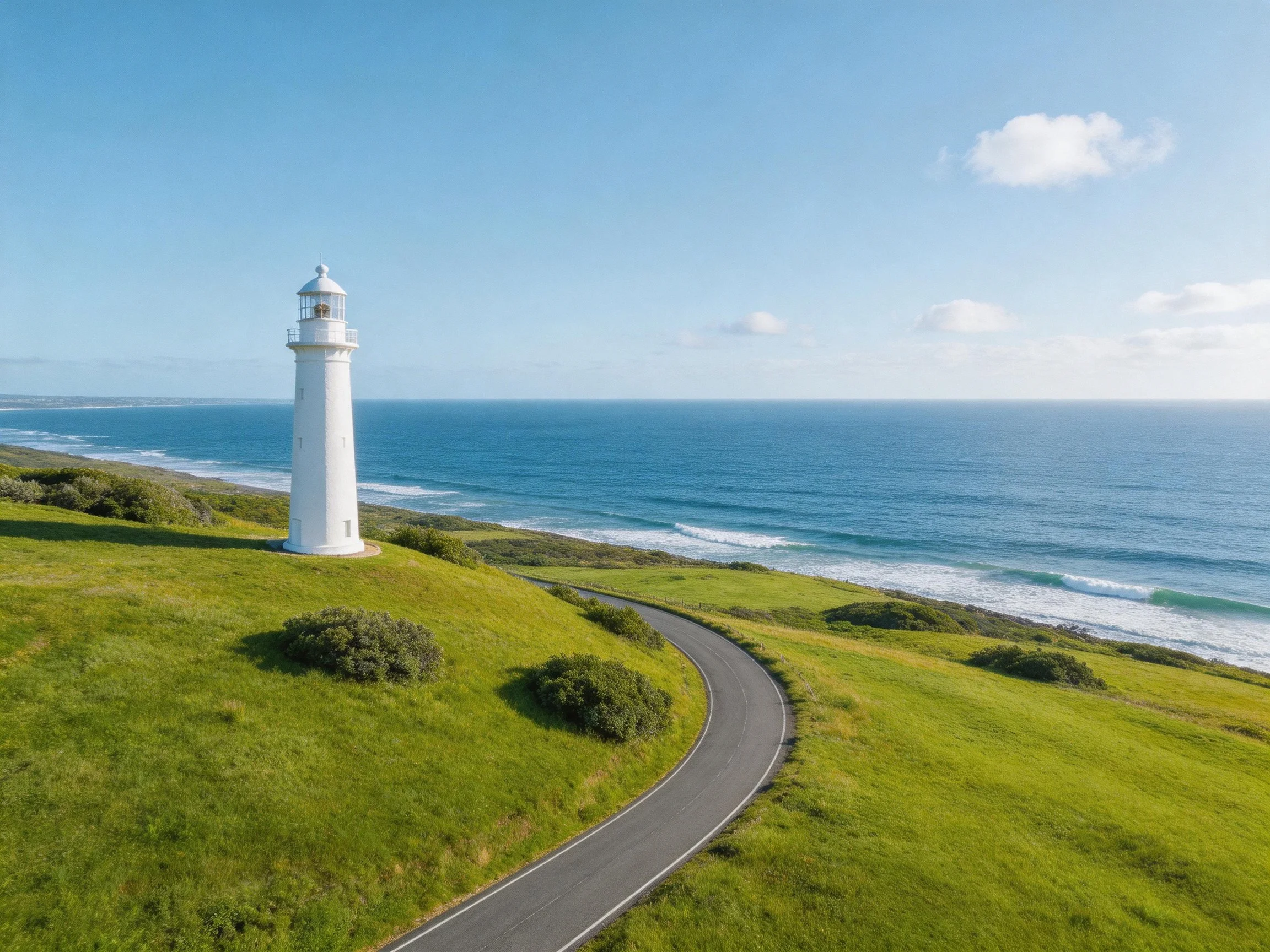 White lighthouse on lush coastal hill with winding road