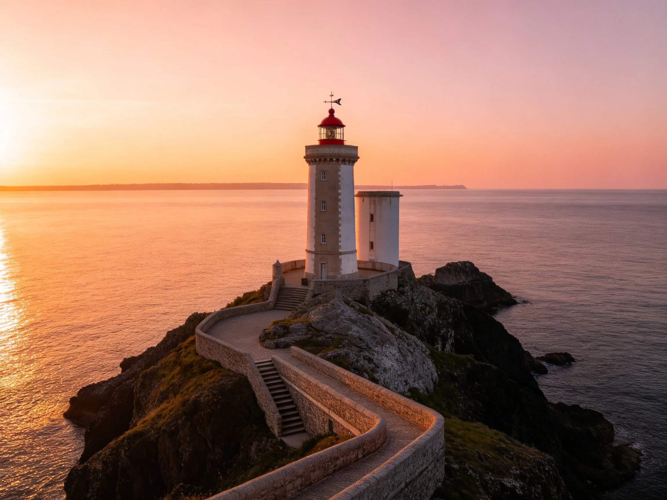 White lighthouse on rocky coastal cliff at sunset over calm sea
