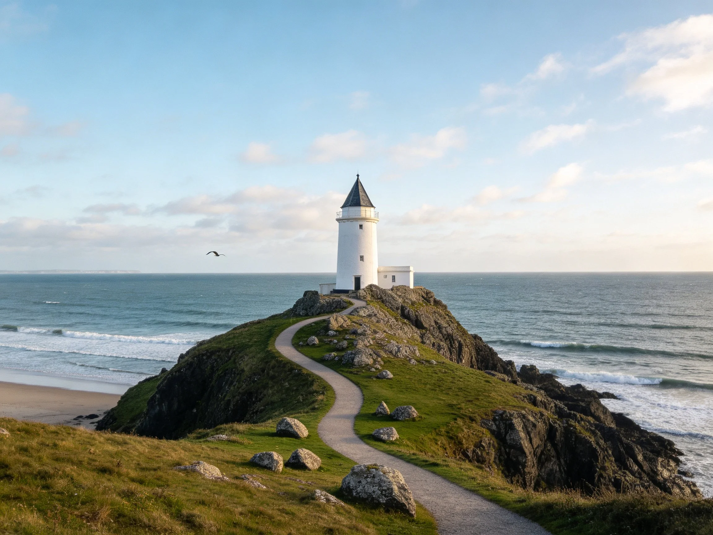 White lighthouse on rocky coastal cliff by the ocean