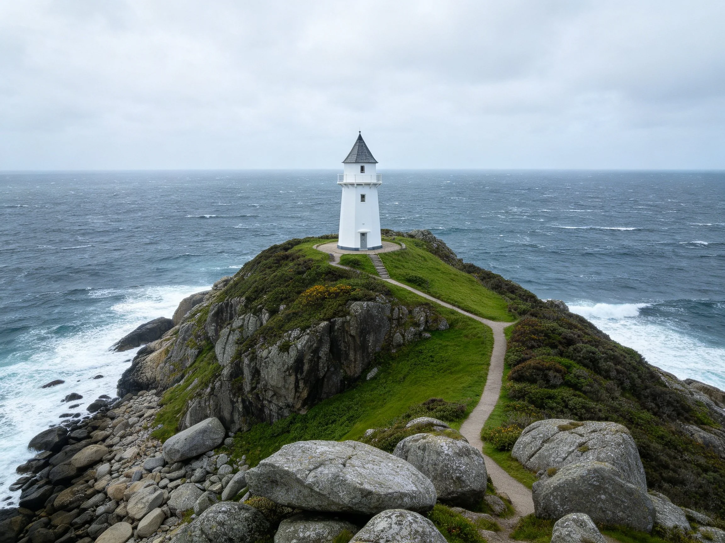 White lighthouse on rocky coastal cliff by turbulent seas