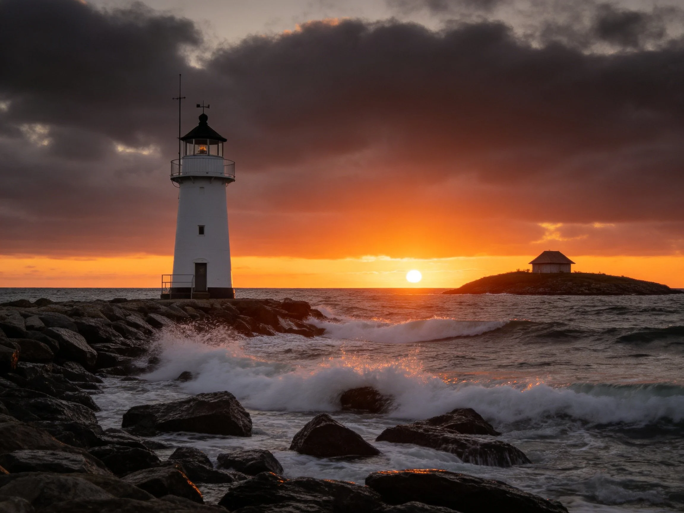 White lighthouse on rocky shore under dramatic sunset sky