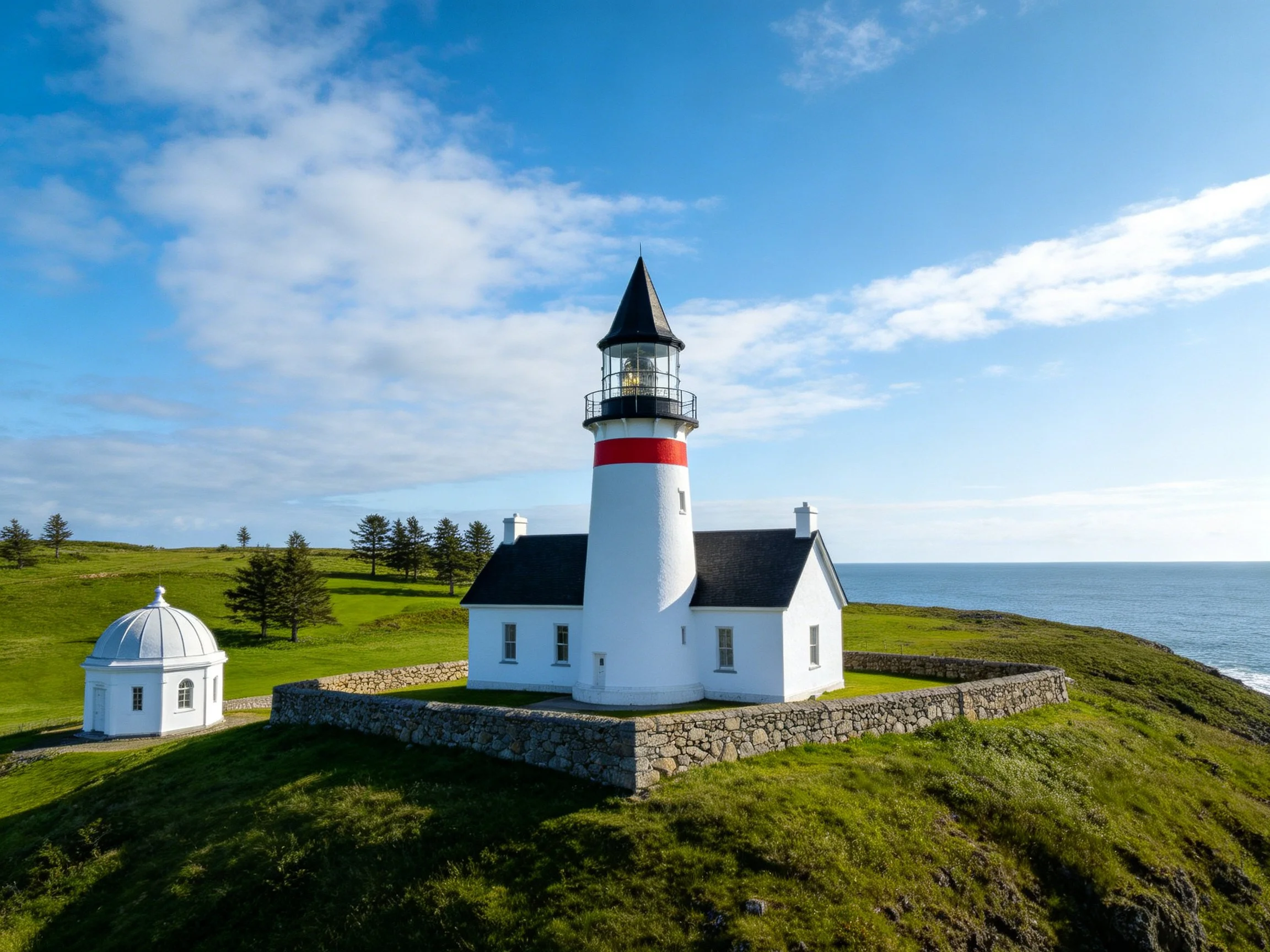 White lighthouse with red band on coastal green hillside