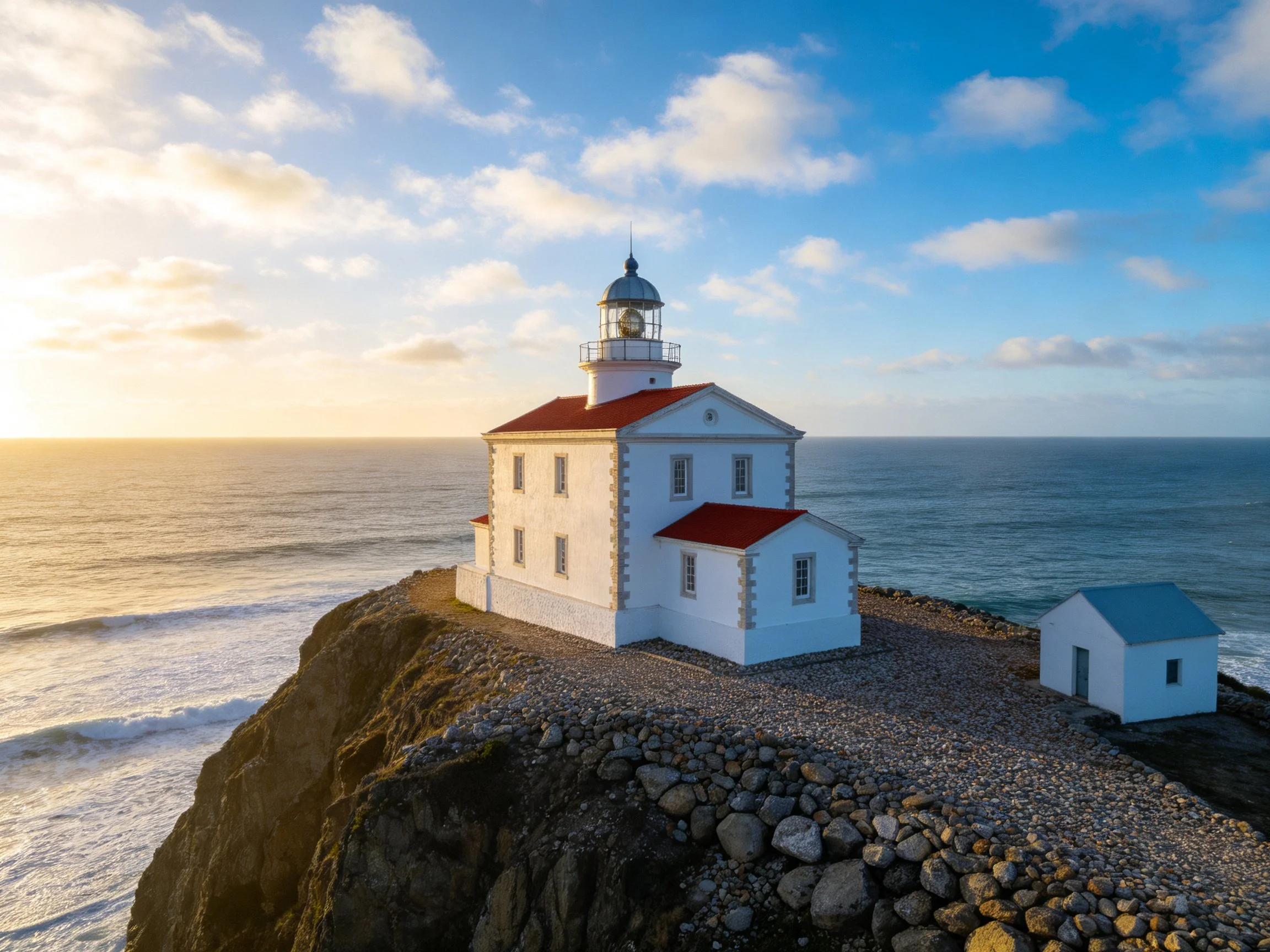 White lighthouse with red roofs overlooks coastal cliffs by the sea