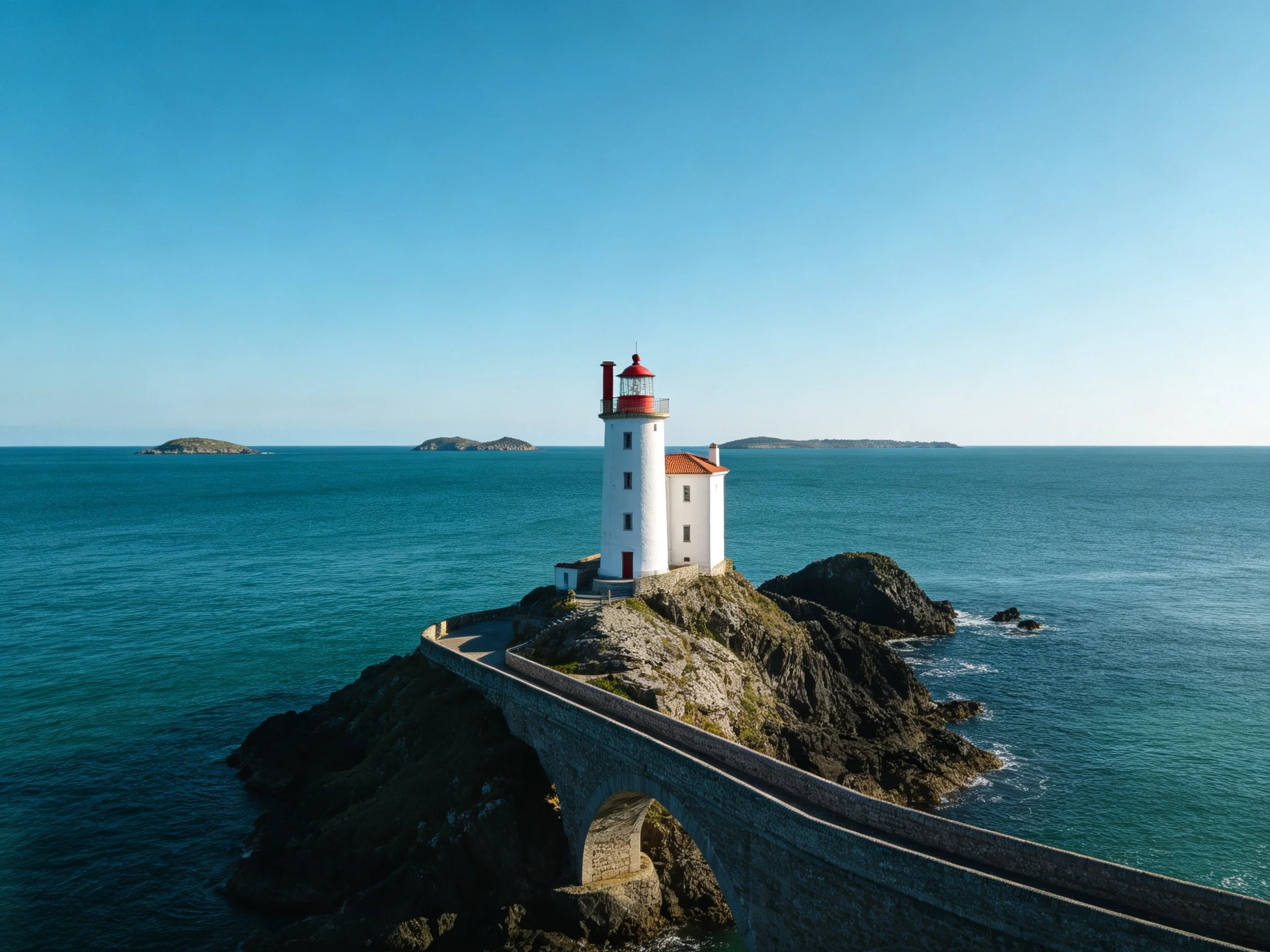 White lighthouse with red top on rocky coastal outcrop