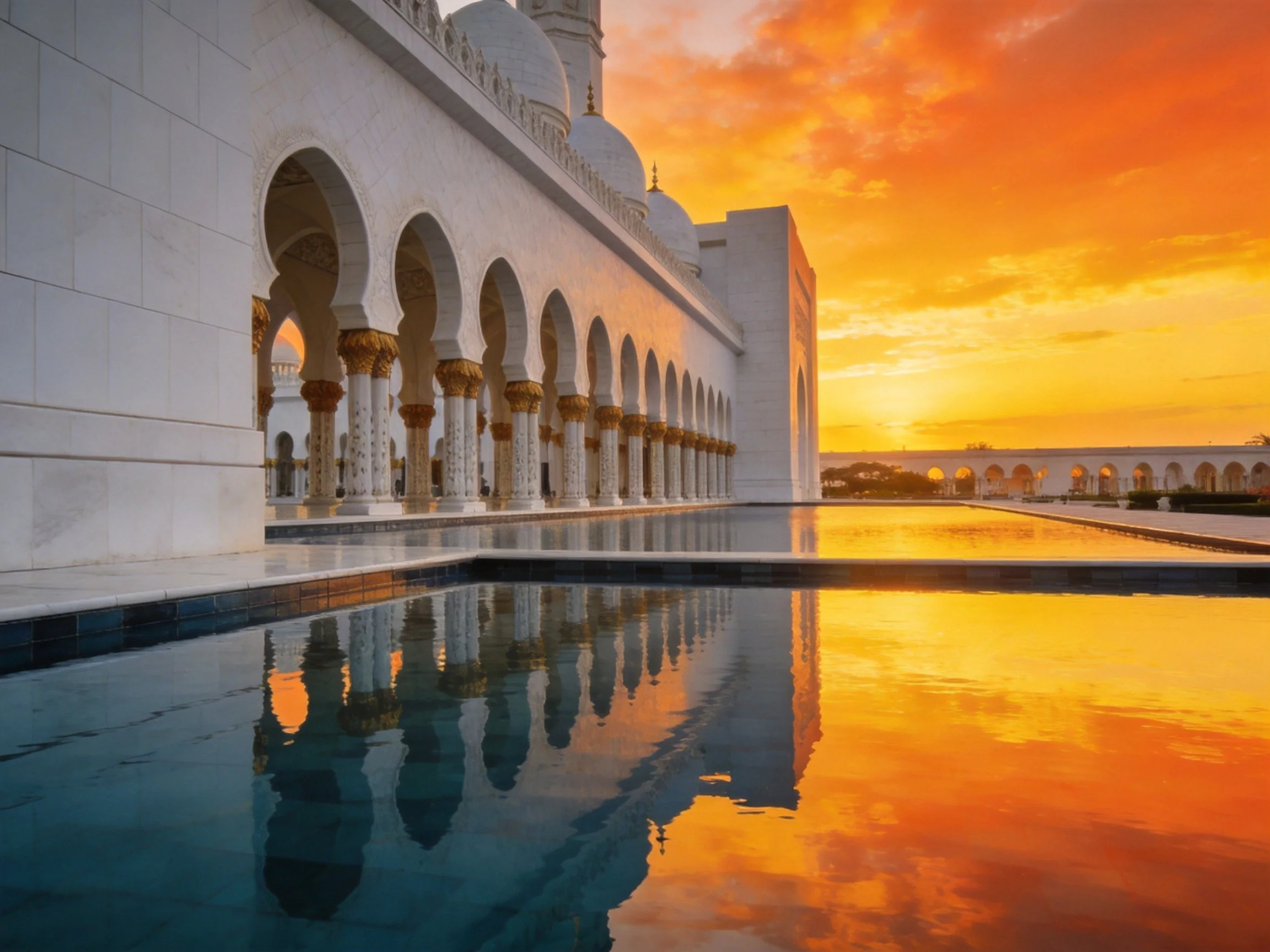 White marble mosque with golden columns beside reflective pool at sunset