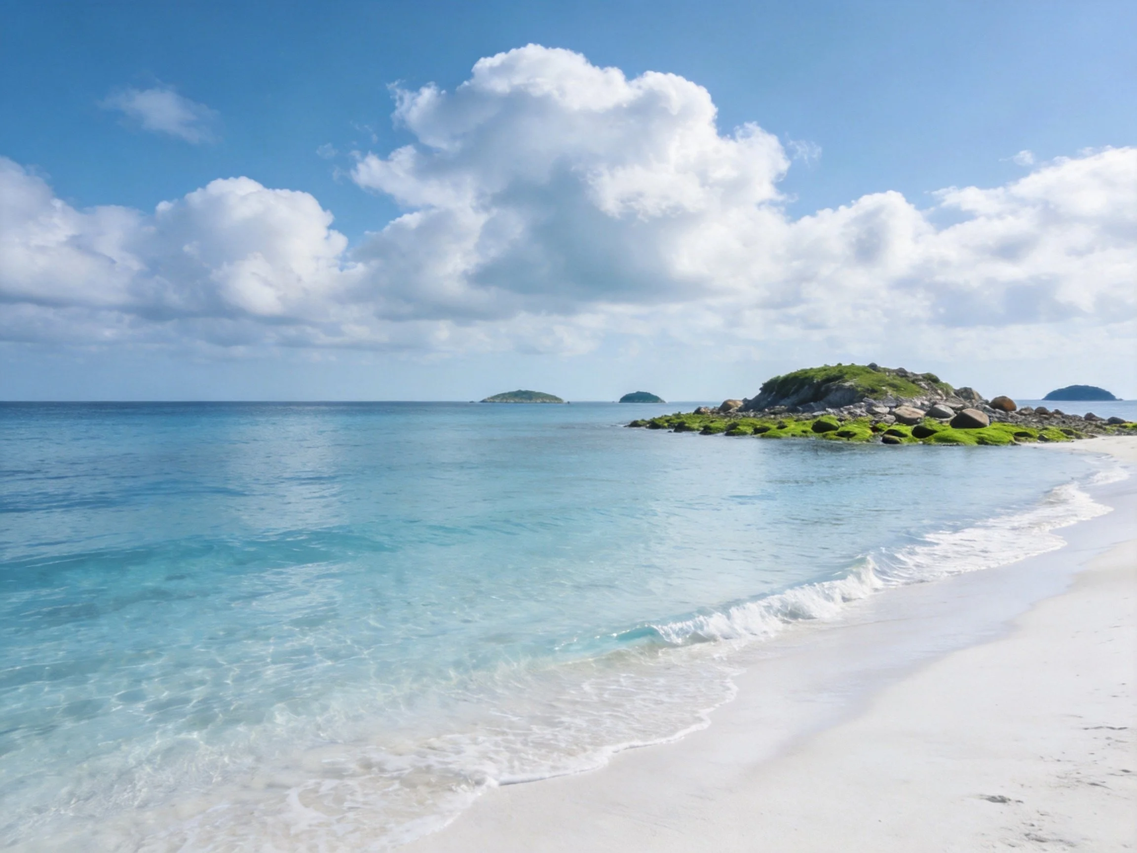 White sandy beach meets turquoise ocean beside moss - covered rocky islet.