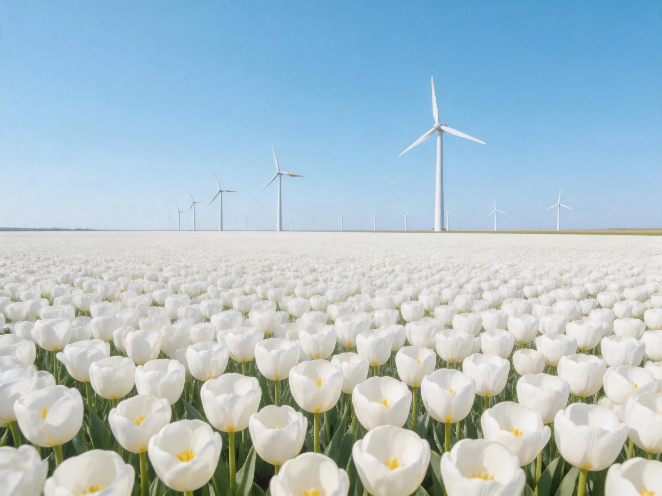 White tulip field with wind turbines under clear blue sky