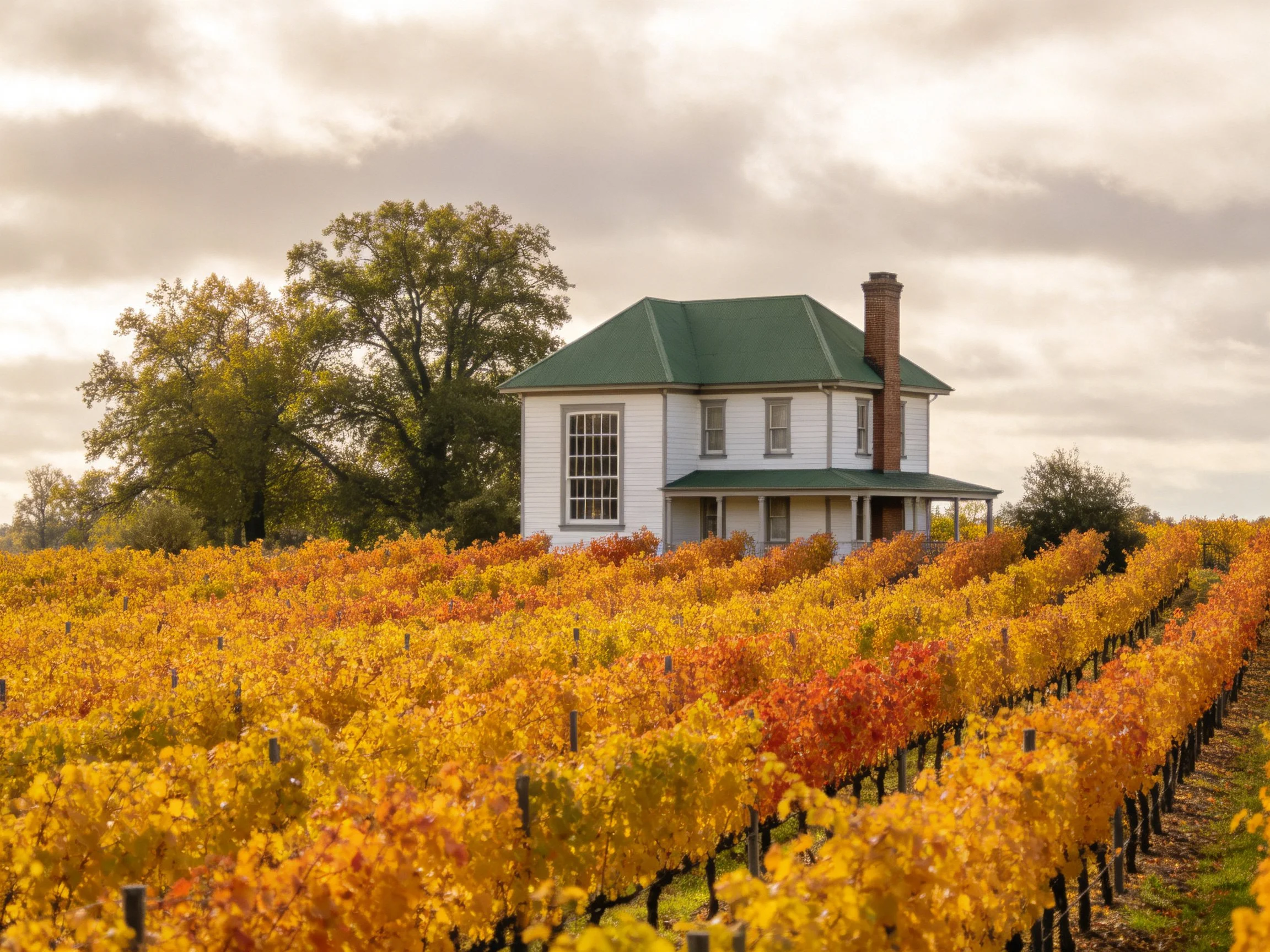 White two-story house near colorful autumn vineyards under cloudy sky