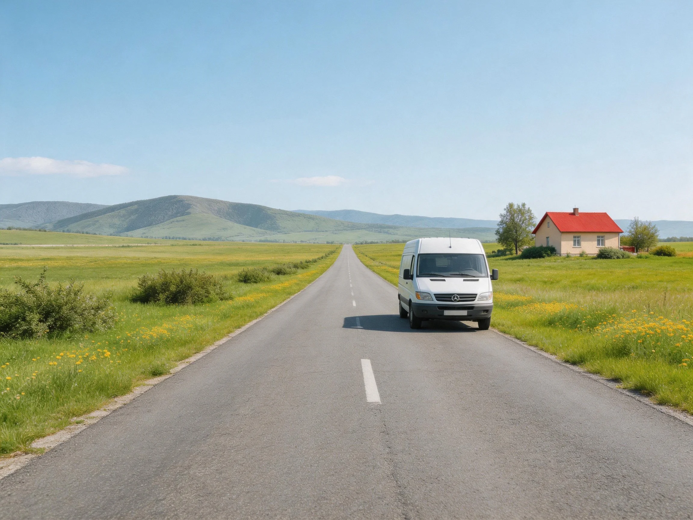 White van on a long rural road near a red-roofed house