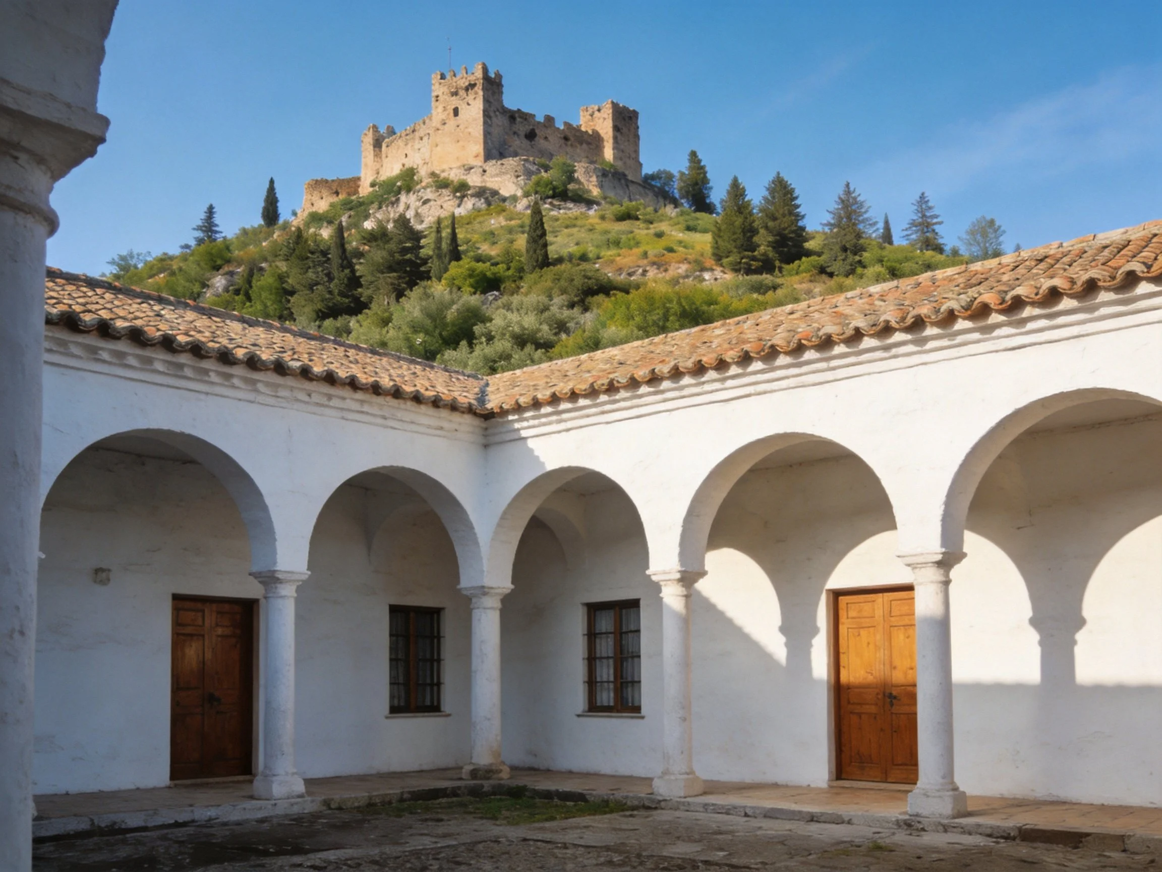 White-walled courtyard with arches, medieval castle atop hill