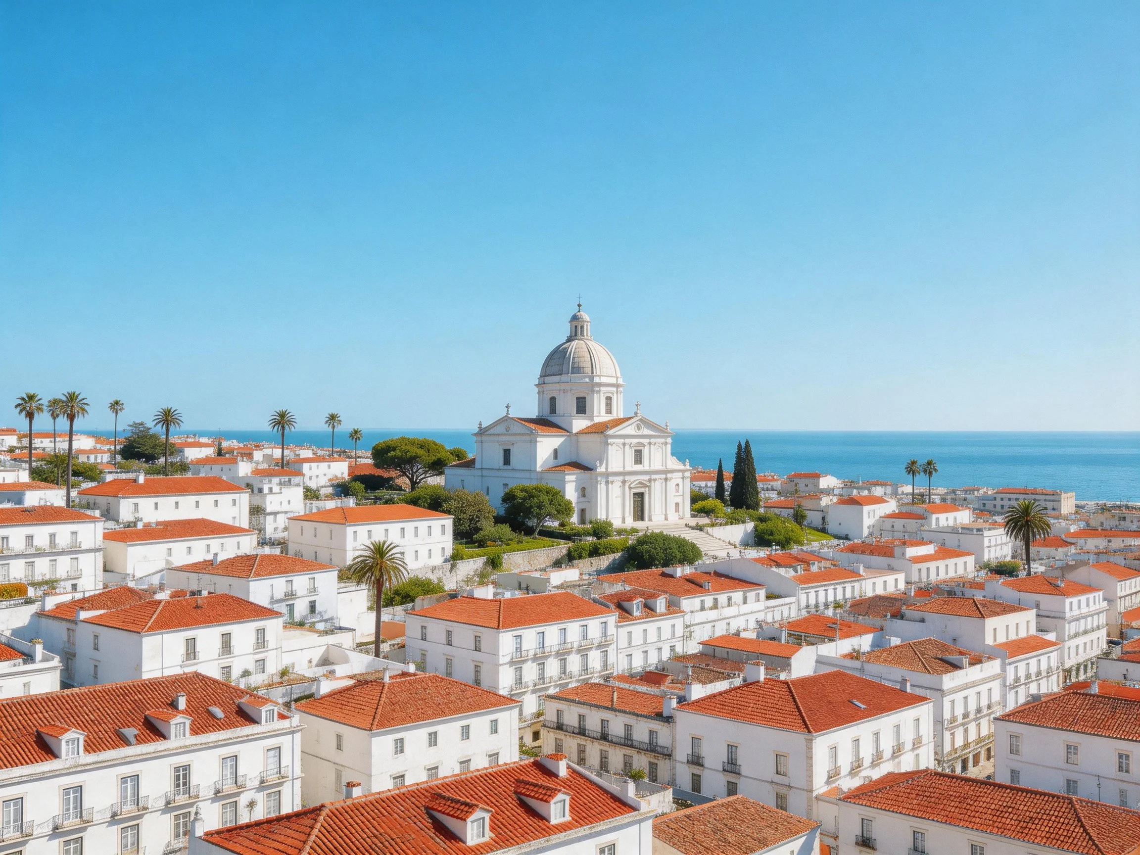 White-washed coastal town with red-tiled roofs and central domed church
