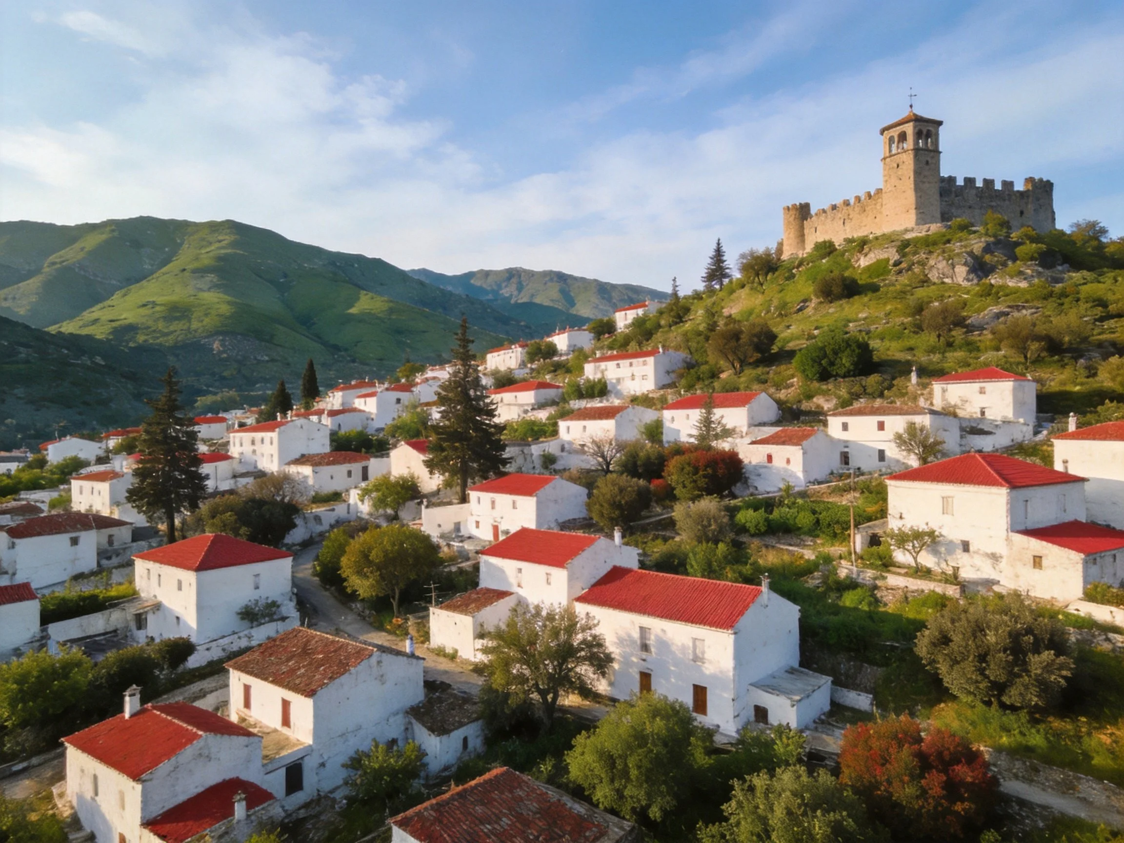 White-washed village with red roofs near ancient hilltop fortress