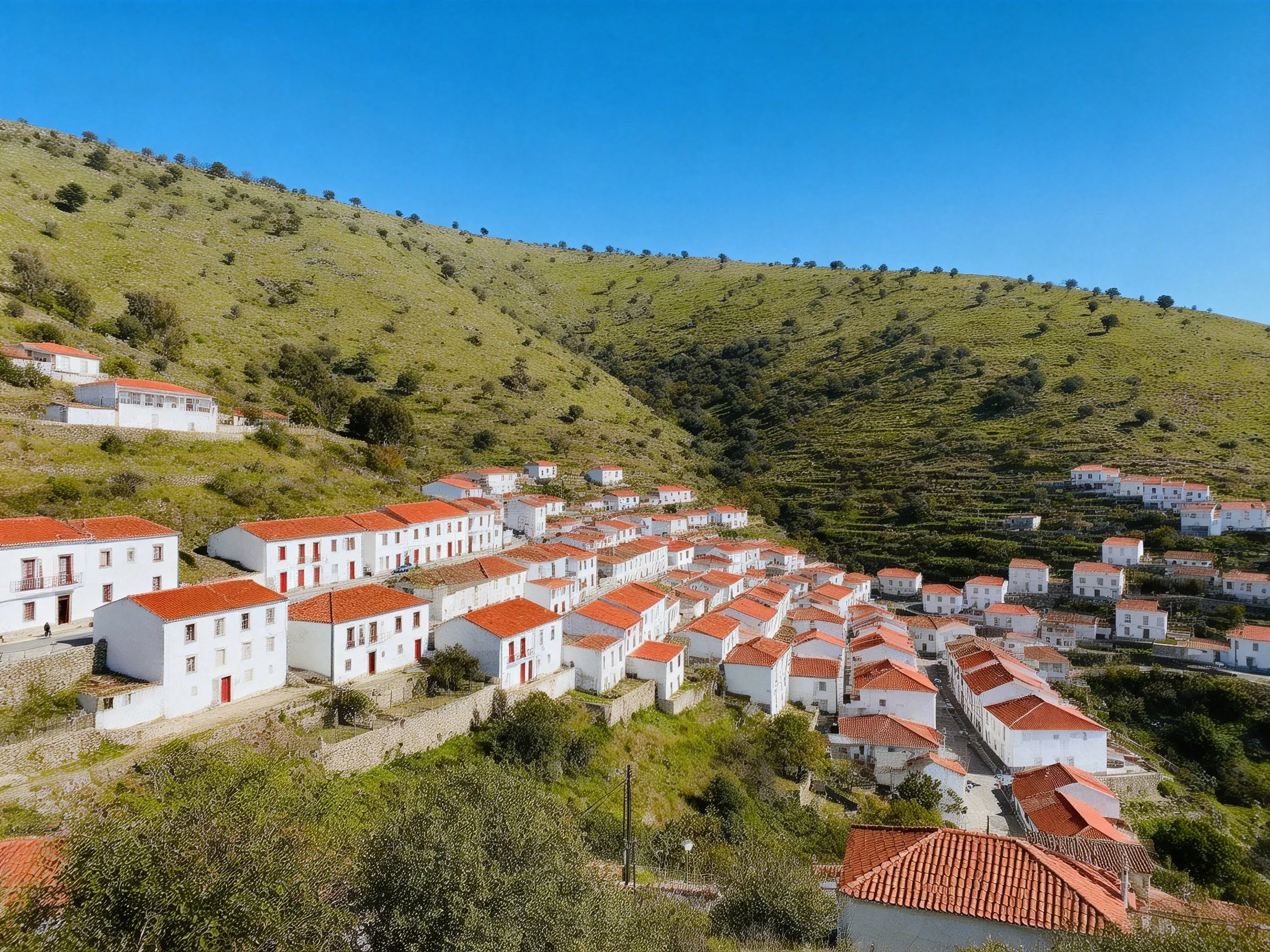 White-washed village with red-tiled roofs on green hills