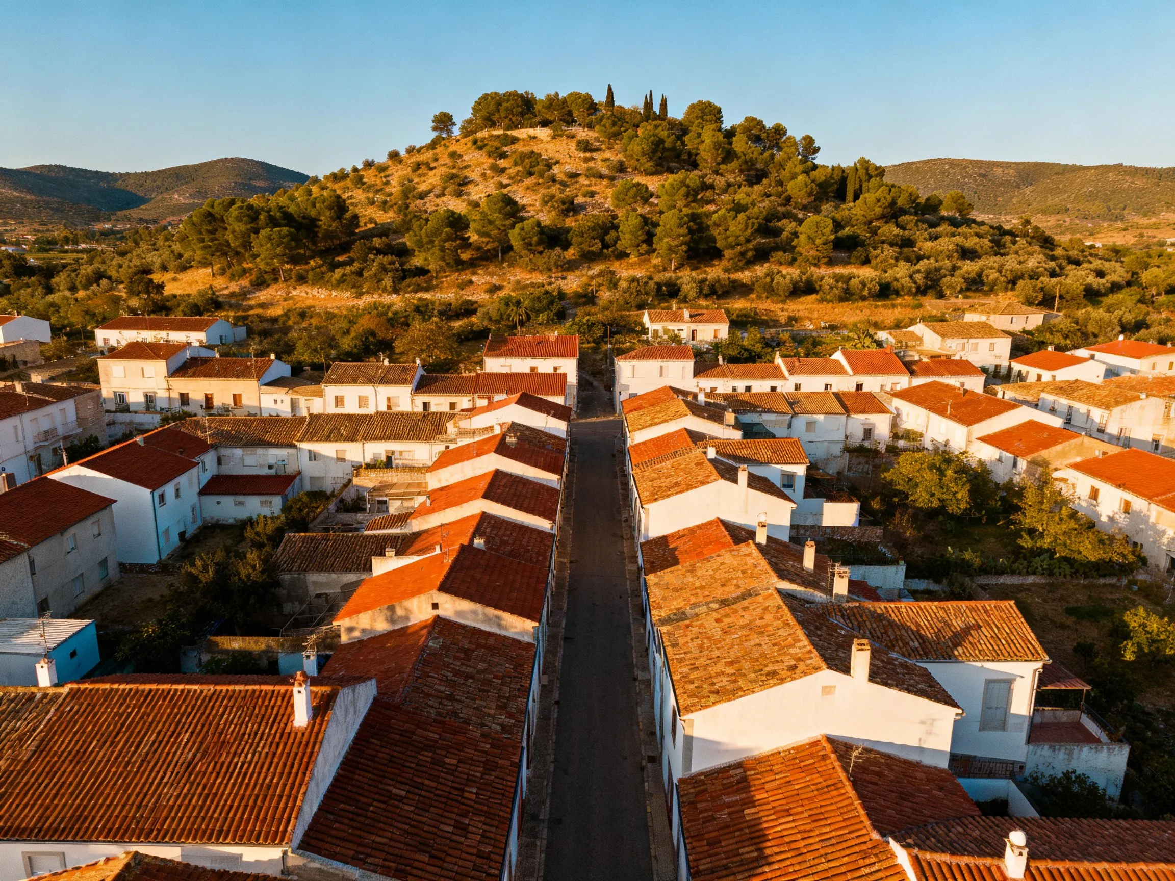 White-washed village with terracotta roofs near forested hilltop