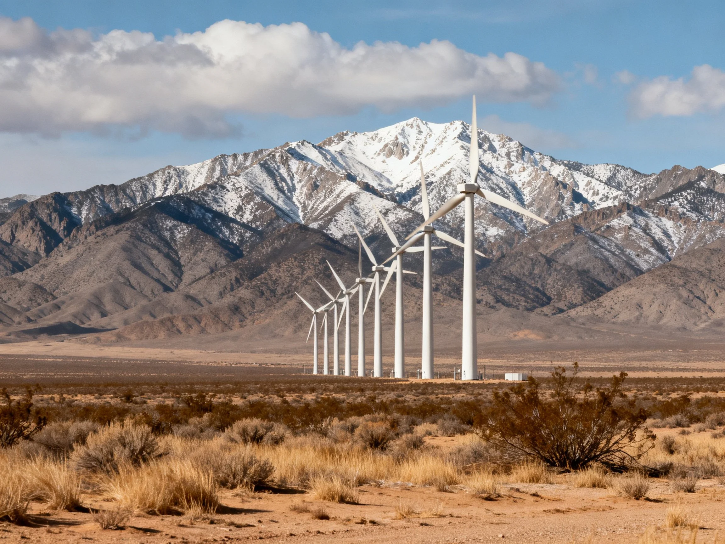 White wind turbines in a desert with snow-capped mountains