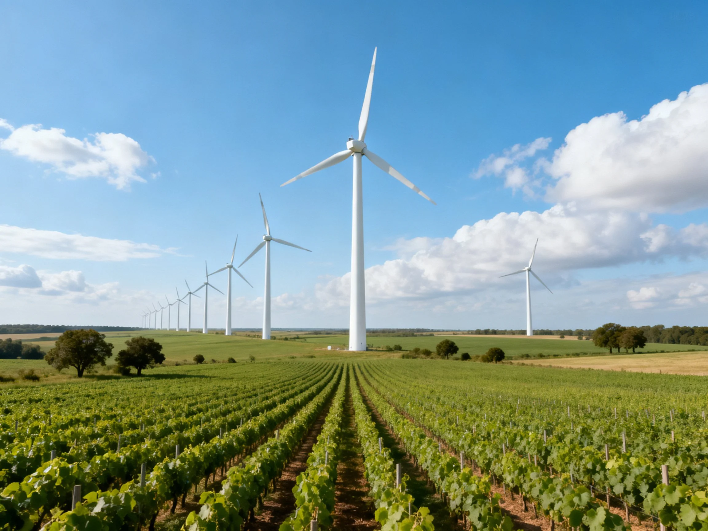White wind turbines in a green agricultural field under blue skies