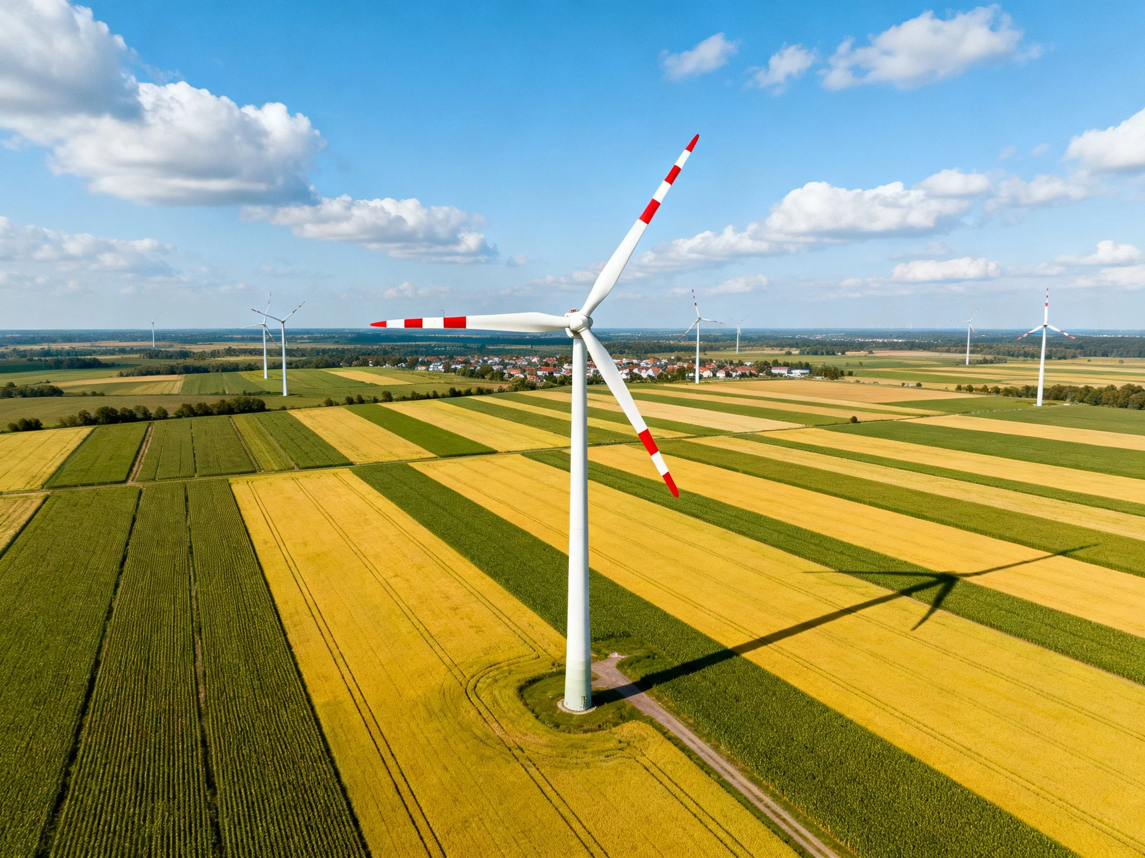 White wind turbines with red accents stand amid colorful farmland under sunny skies.