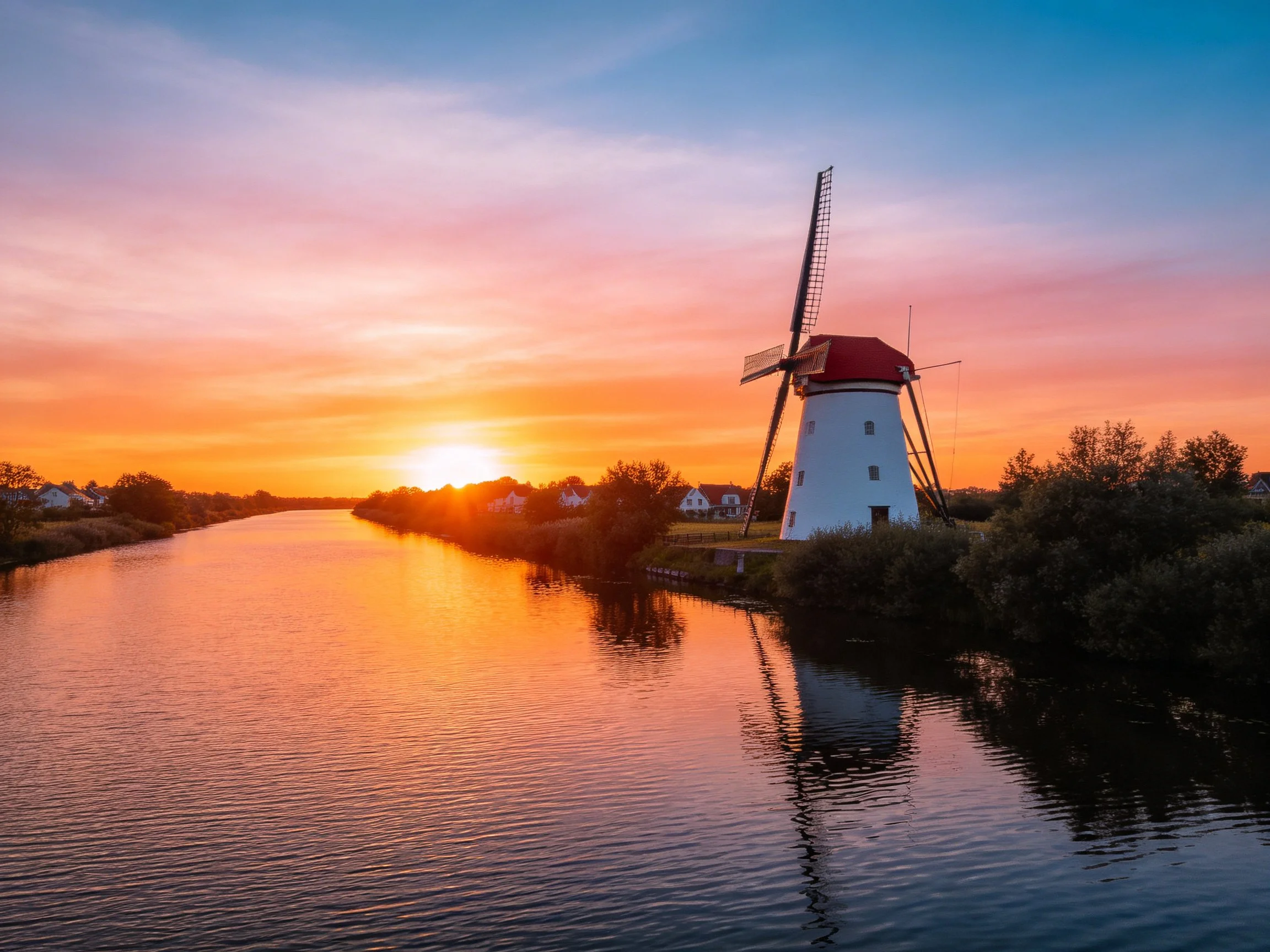 White windmill by serene river under colorful sunset sky
