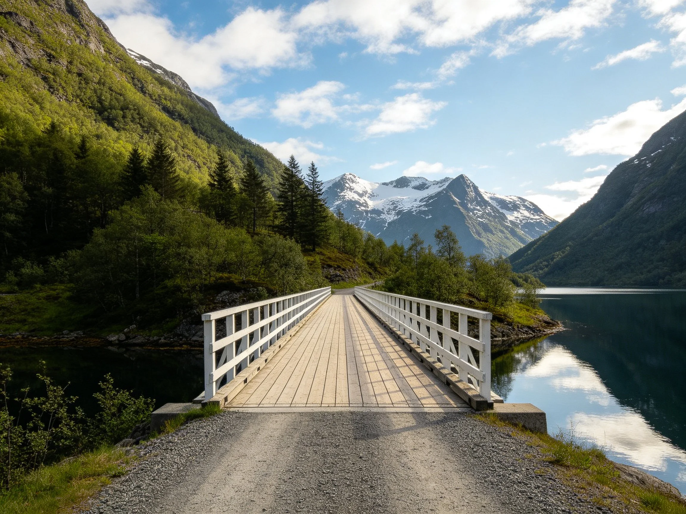 White wooden bridge spans forested mountain waters