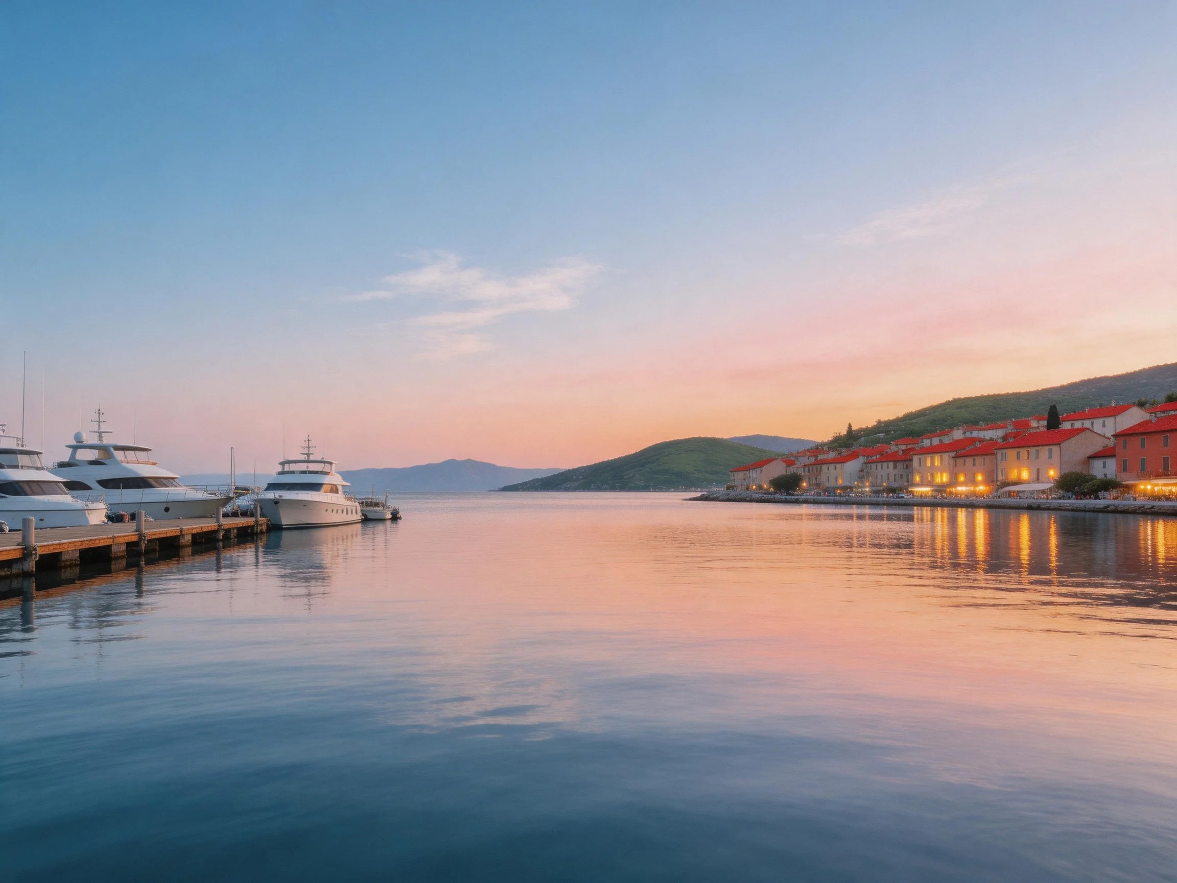 White yachts dock beside red-roofed buildings by calm waters under a pastel sunset sky.
