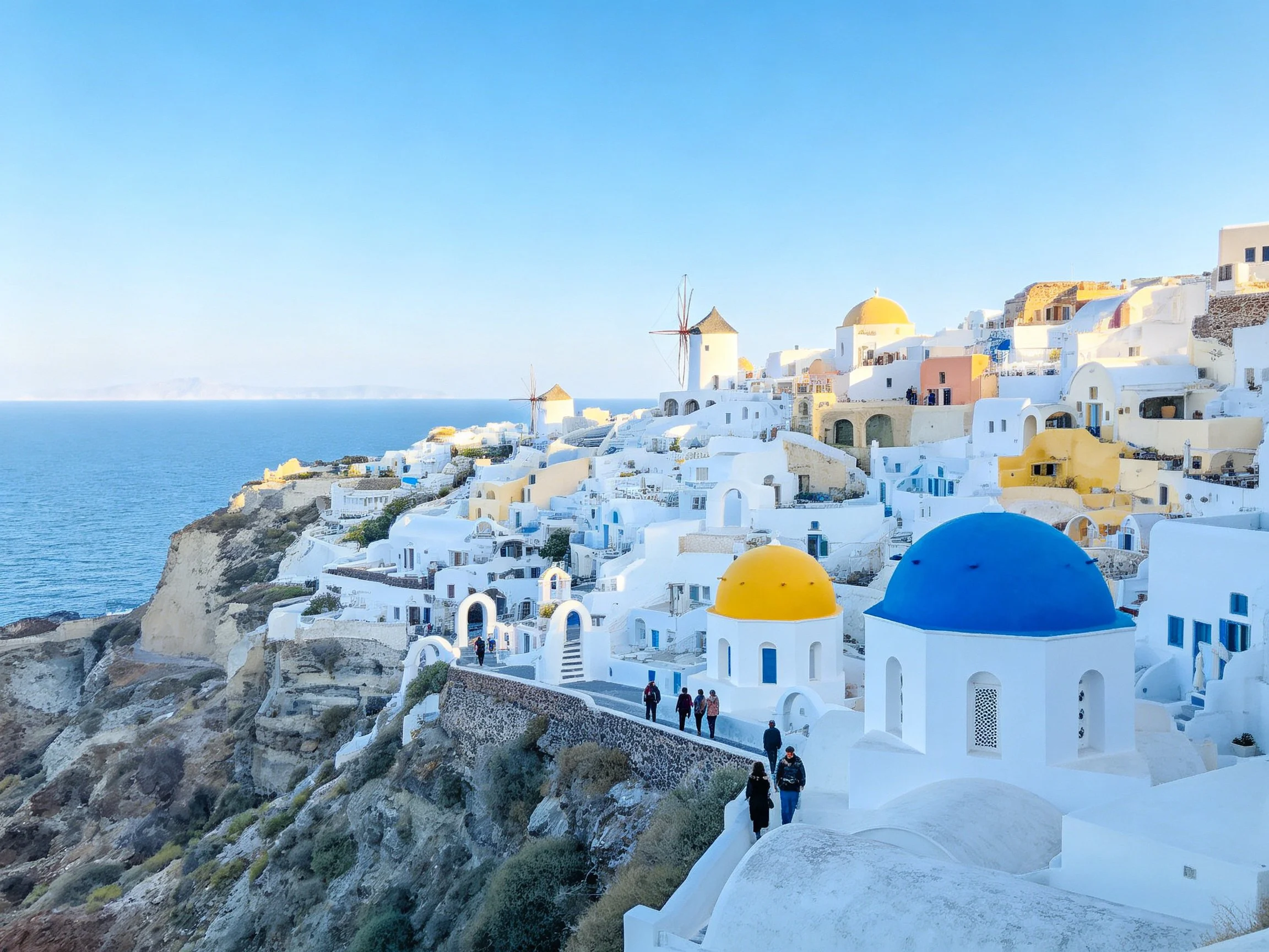 Whitewashed cliffside buildings with blue and yellow domes overlook the calm sea