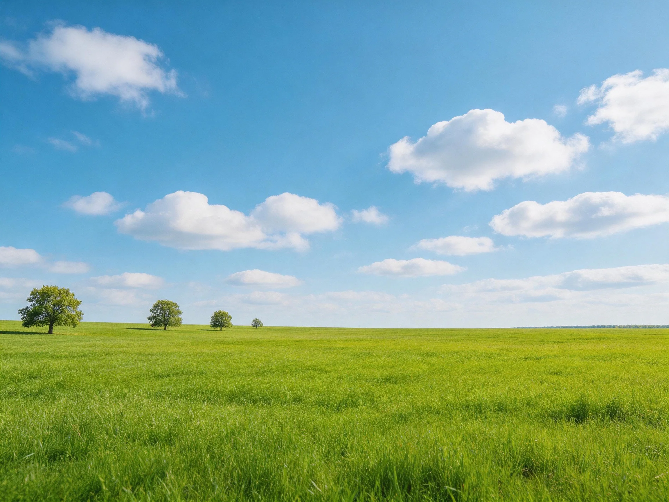 Wide green meadow with scattered trees under bright blue sky