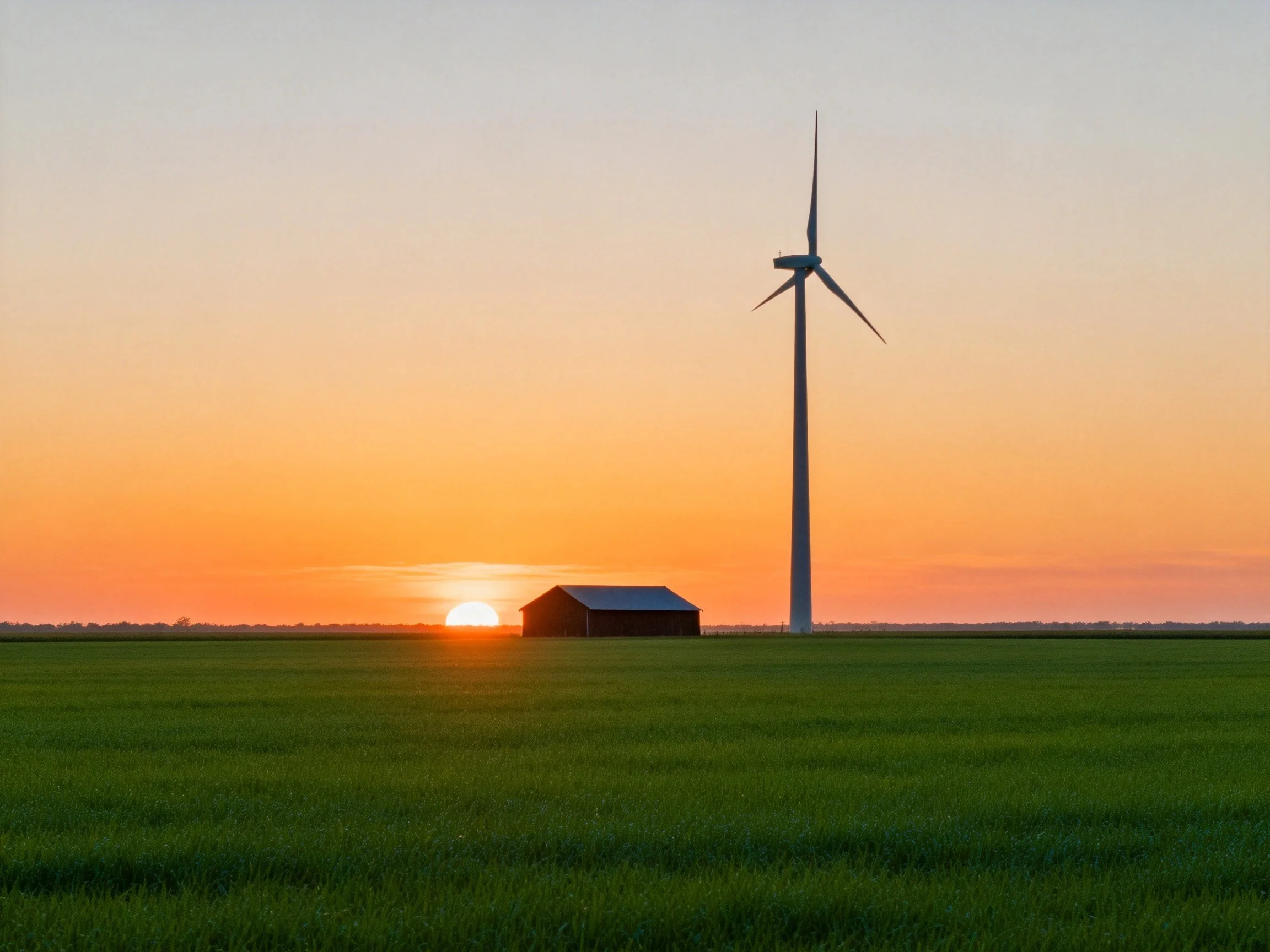 Wind turbine and barn in green field at sunset