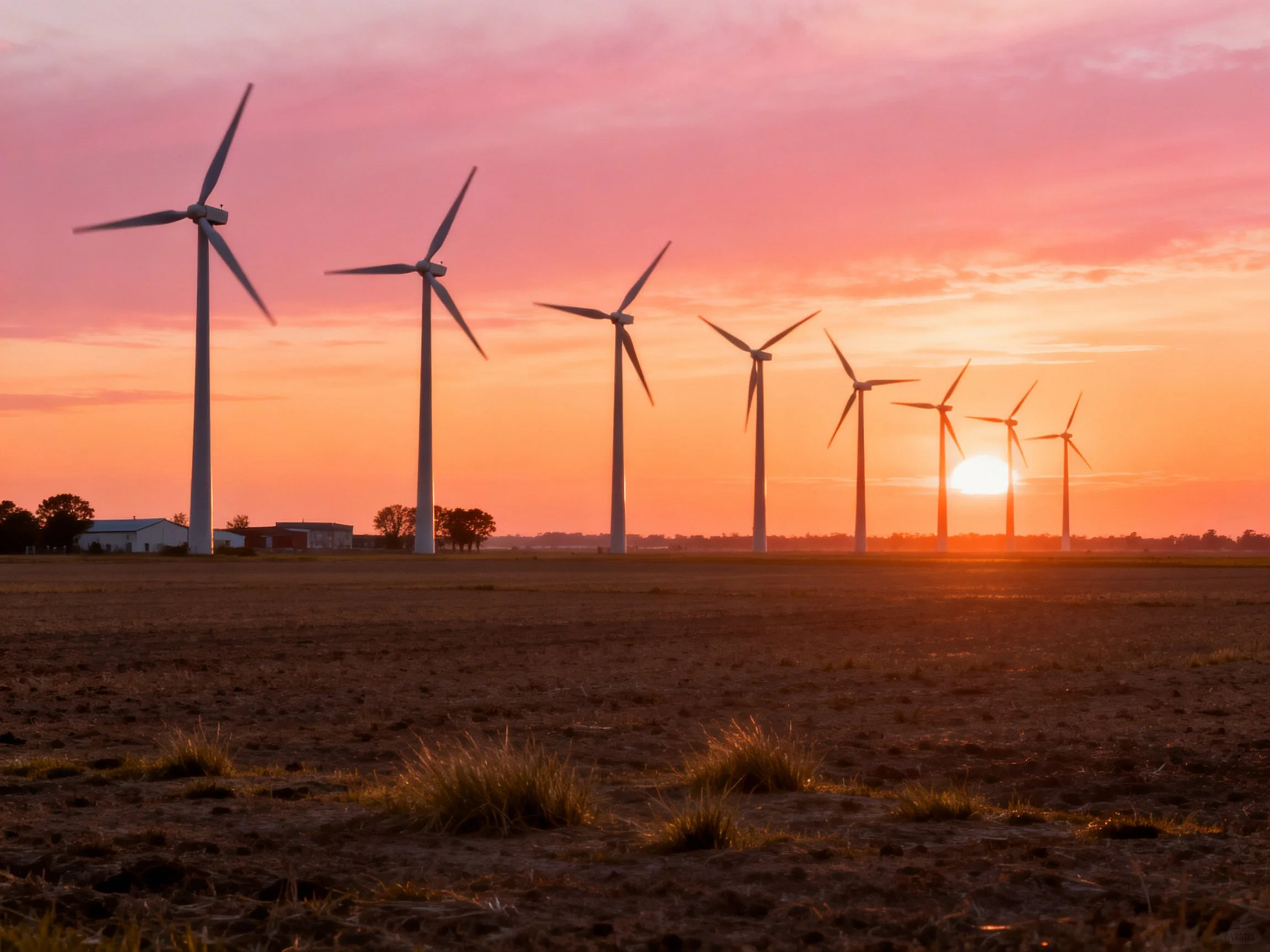 Wind turbines aligned in a rural field under a vibrant sunset sky
