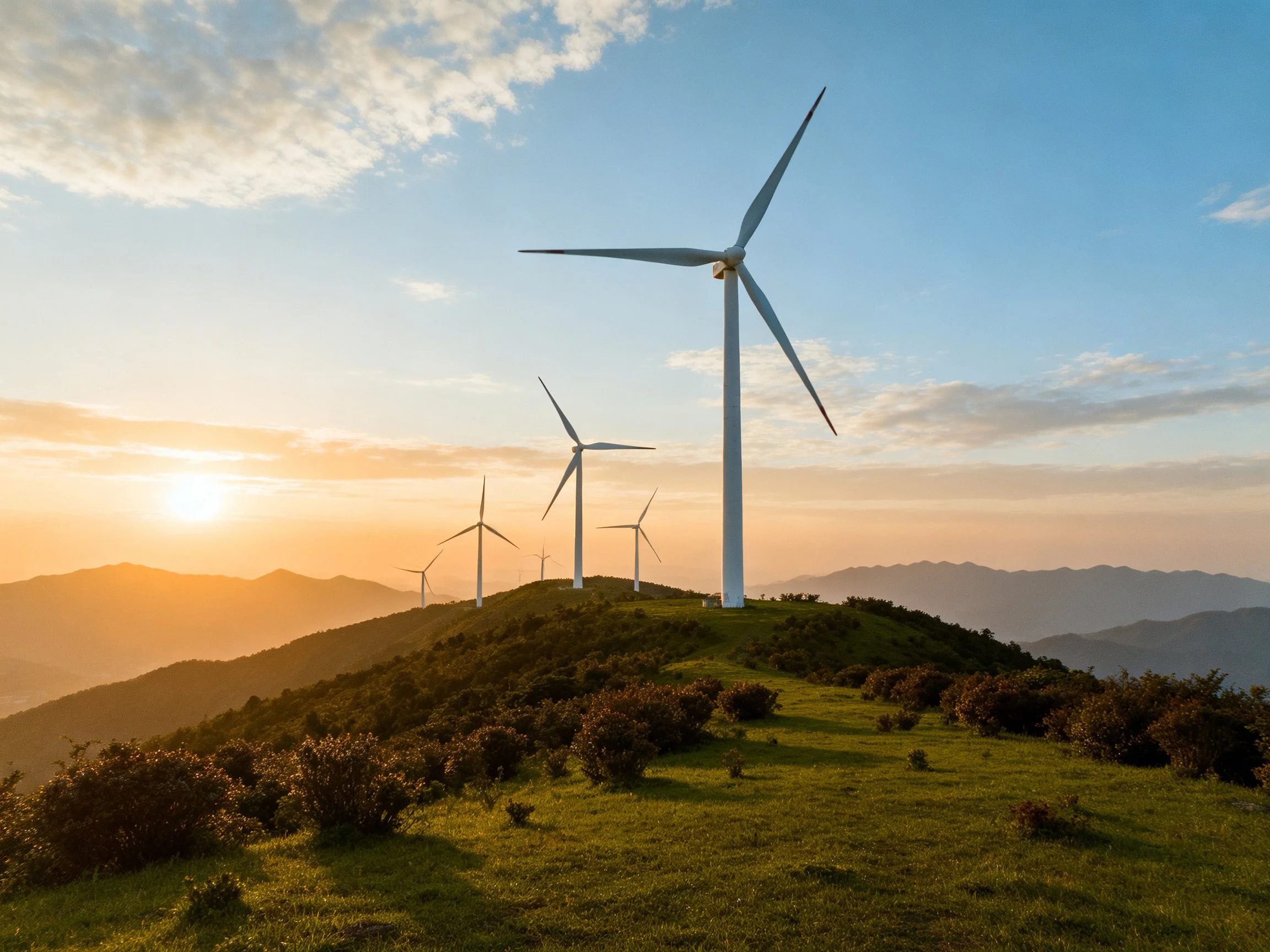Wind turbines on a grassy hilltop at sunset