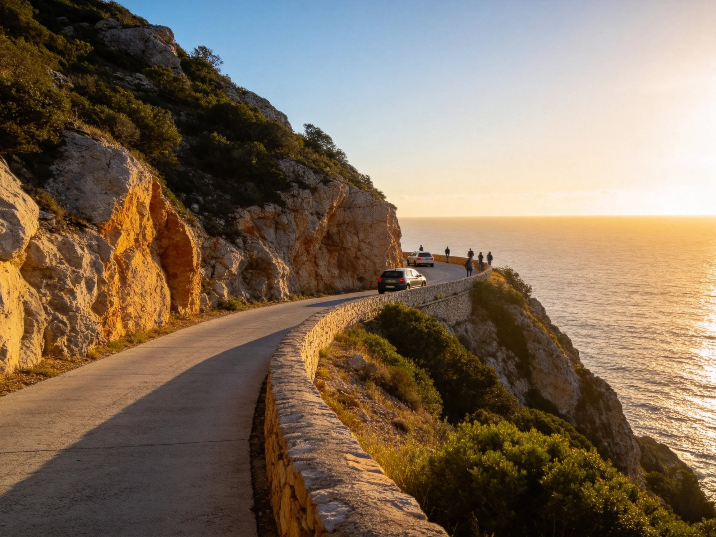 Winding Coastal Road Beside Rocky Cliffs at Golden Hour