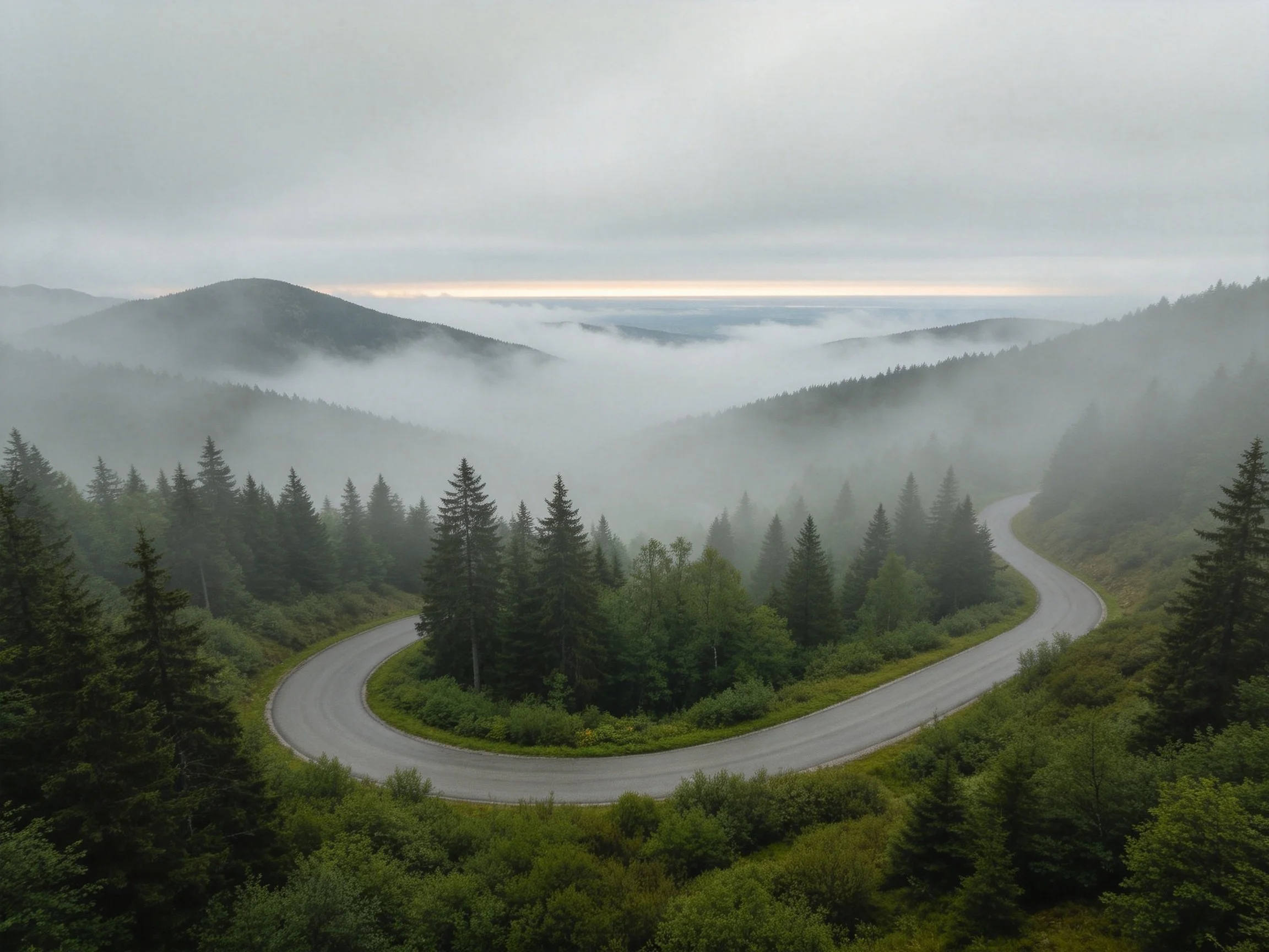 Winding Mountain Road Through Dense Evergreen Forests Amid Misty Valleys