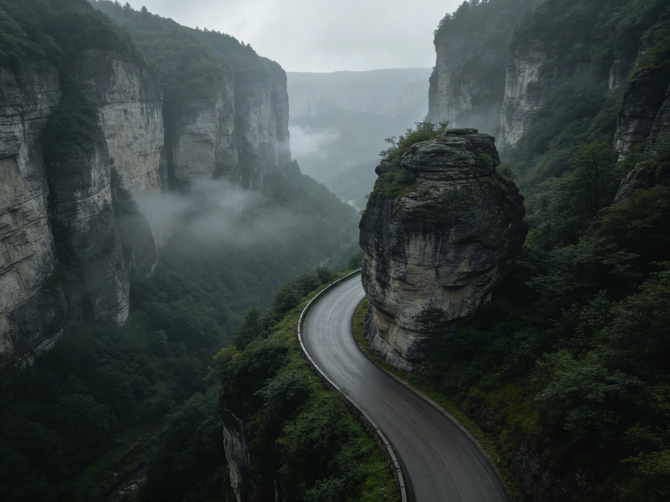 Winding Road Among Towering Cliffs With Misty Atmosphere