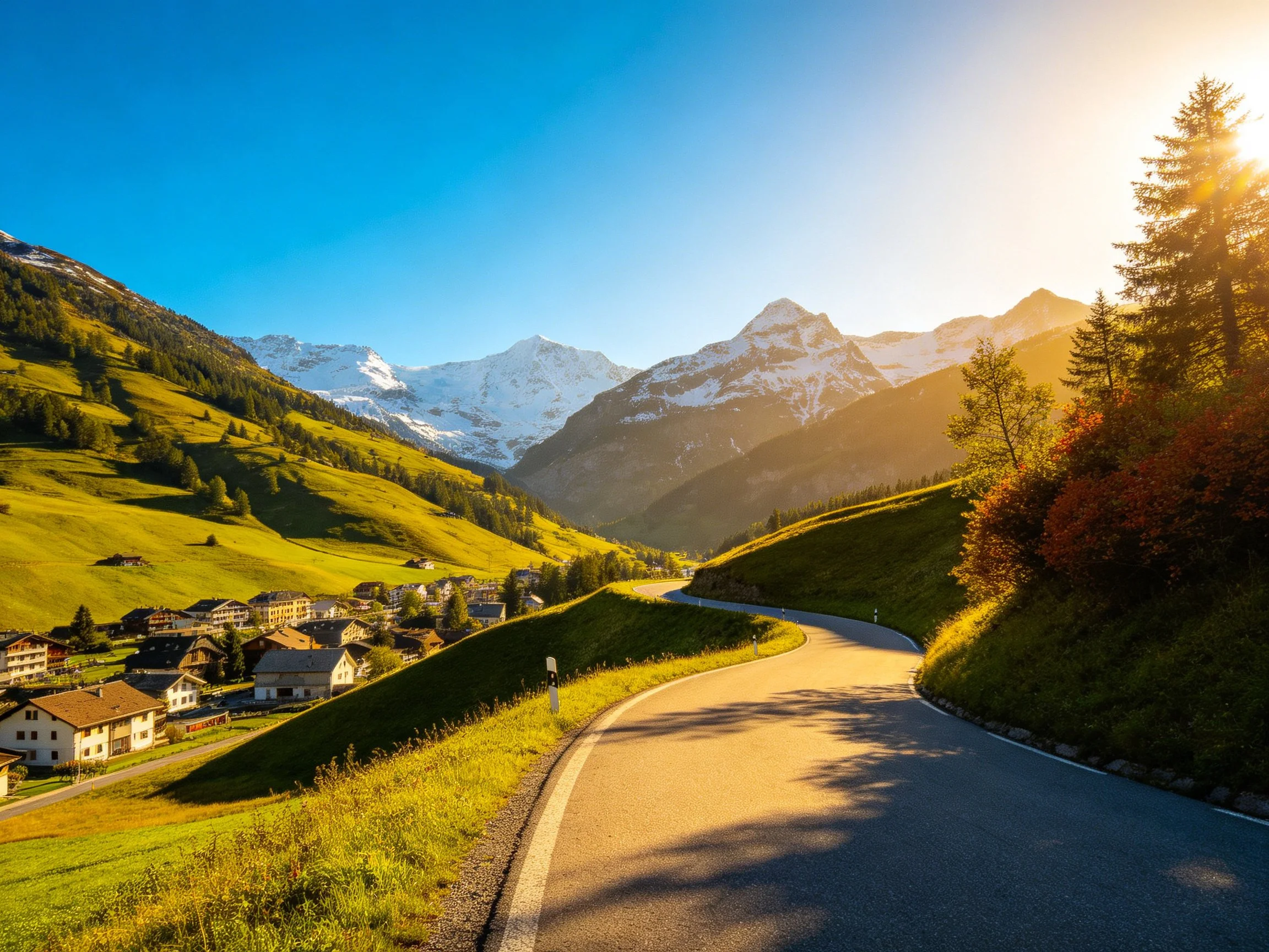 Winding Road Connects Village to Snow-Capped Mountains Amid Lush Green Hills