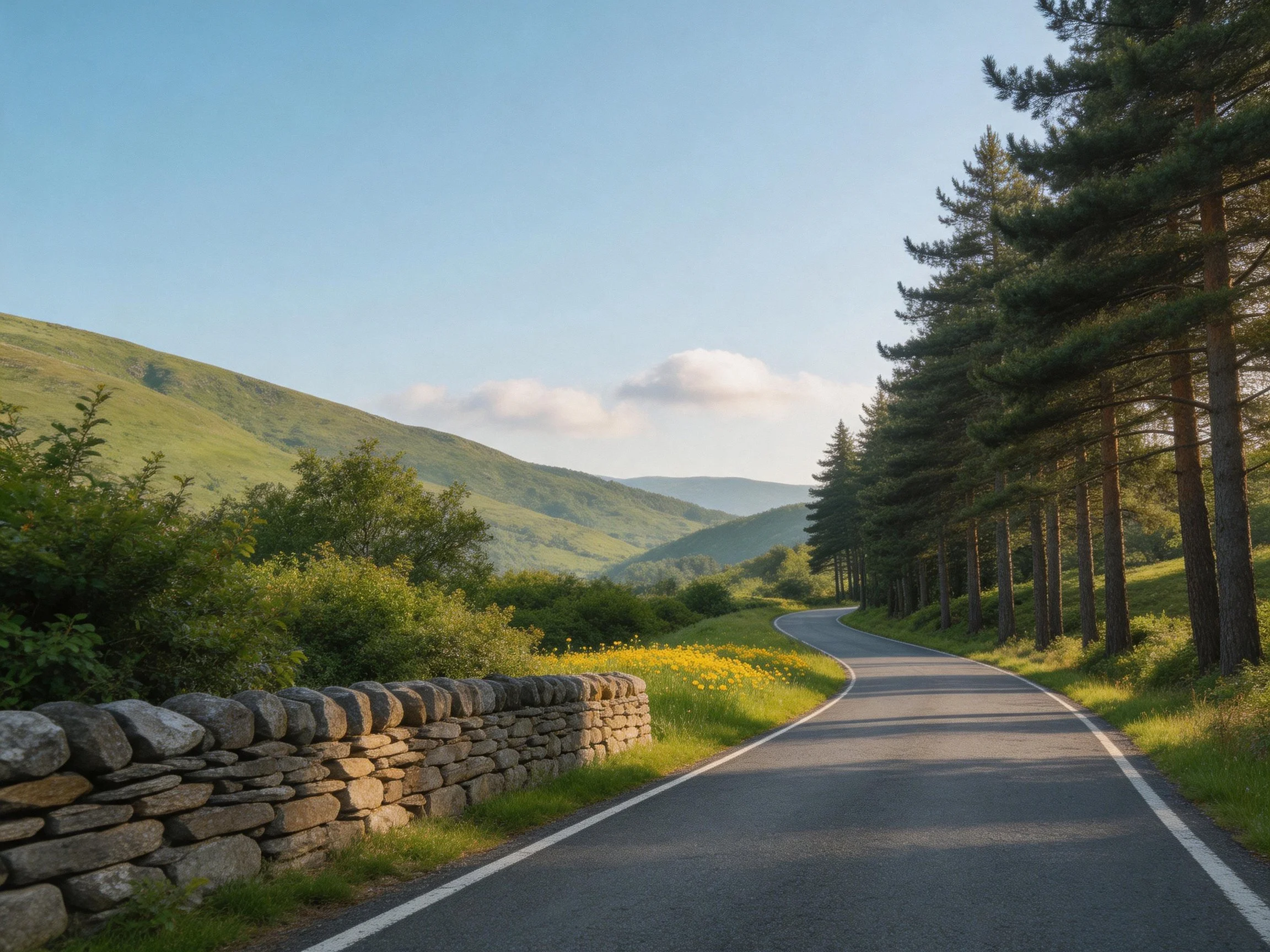 Winding Road Through Lush Green Countryside with Stone Wall and Pine Forests