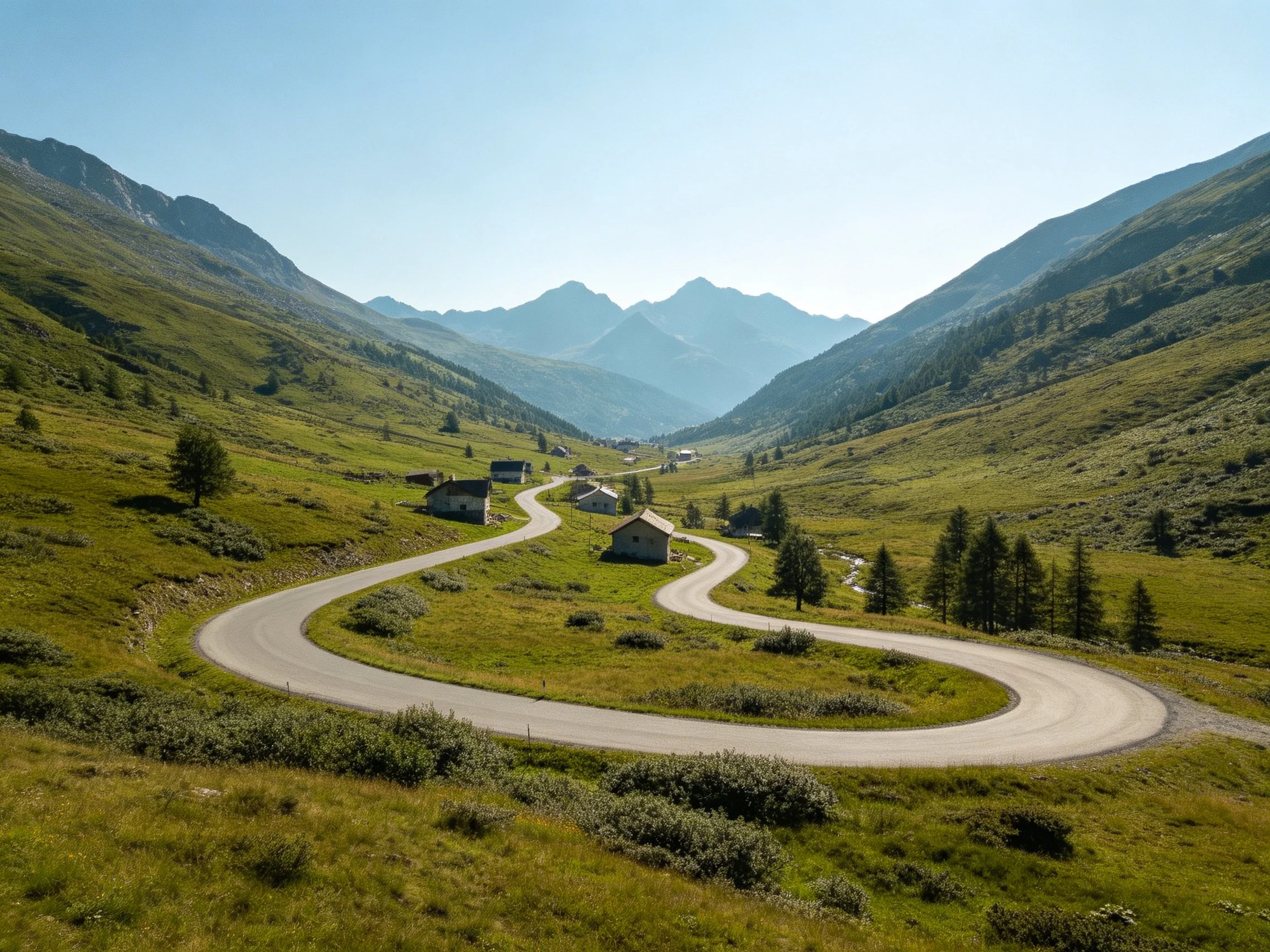 Winding Road Through Lush Green Mountain Valley with Scattered Houses