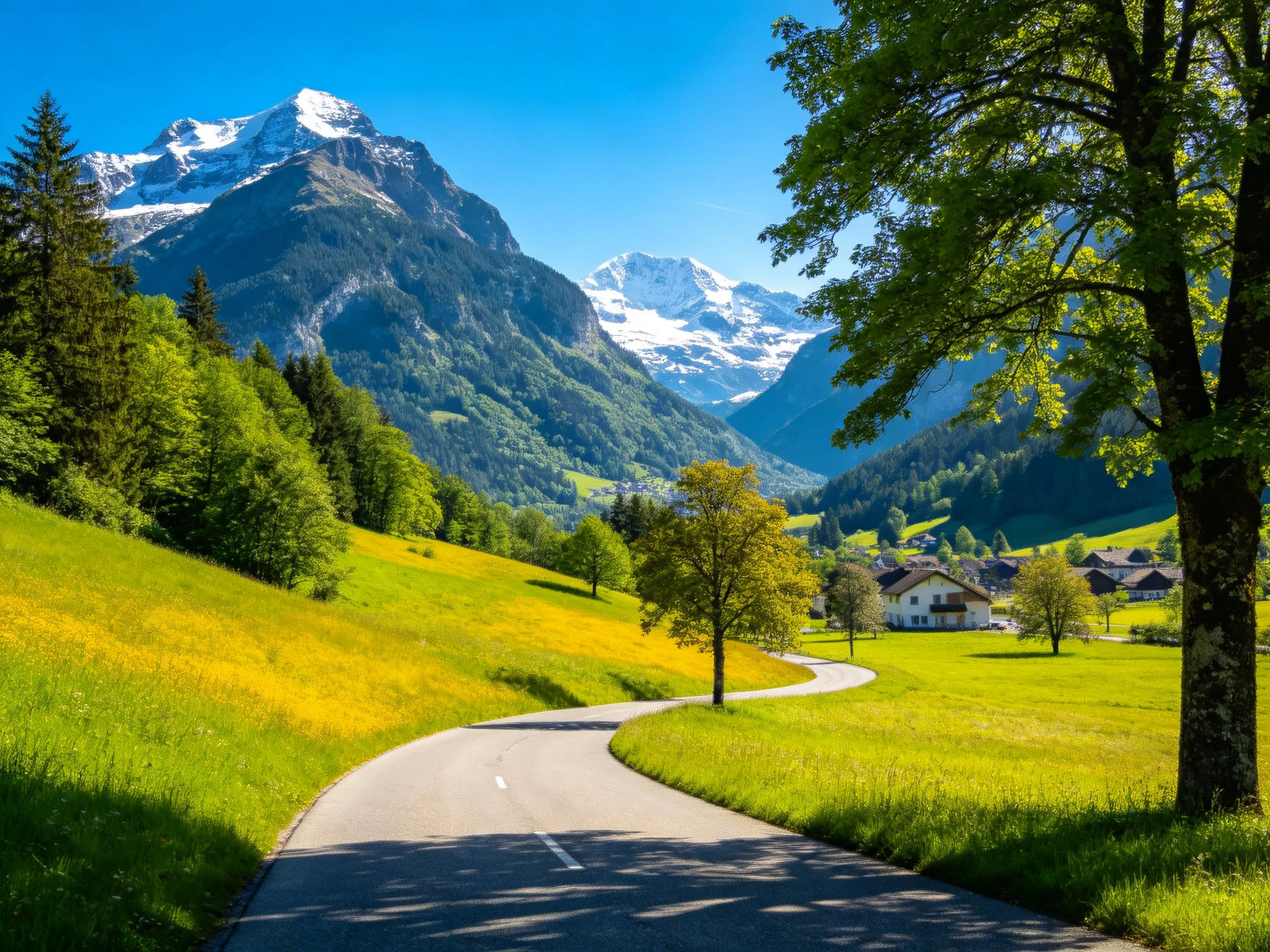Winding Road Through Lush Green Valley With Snow-Capped Mountains
