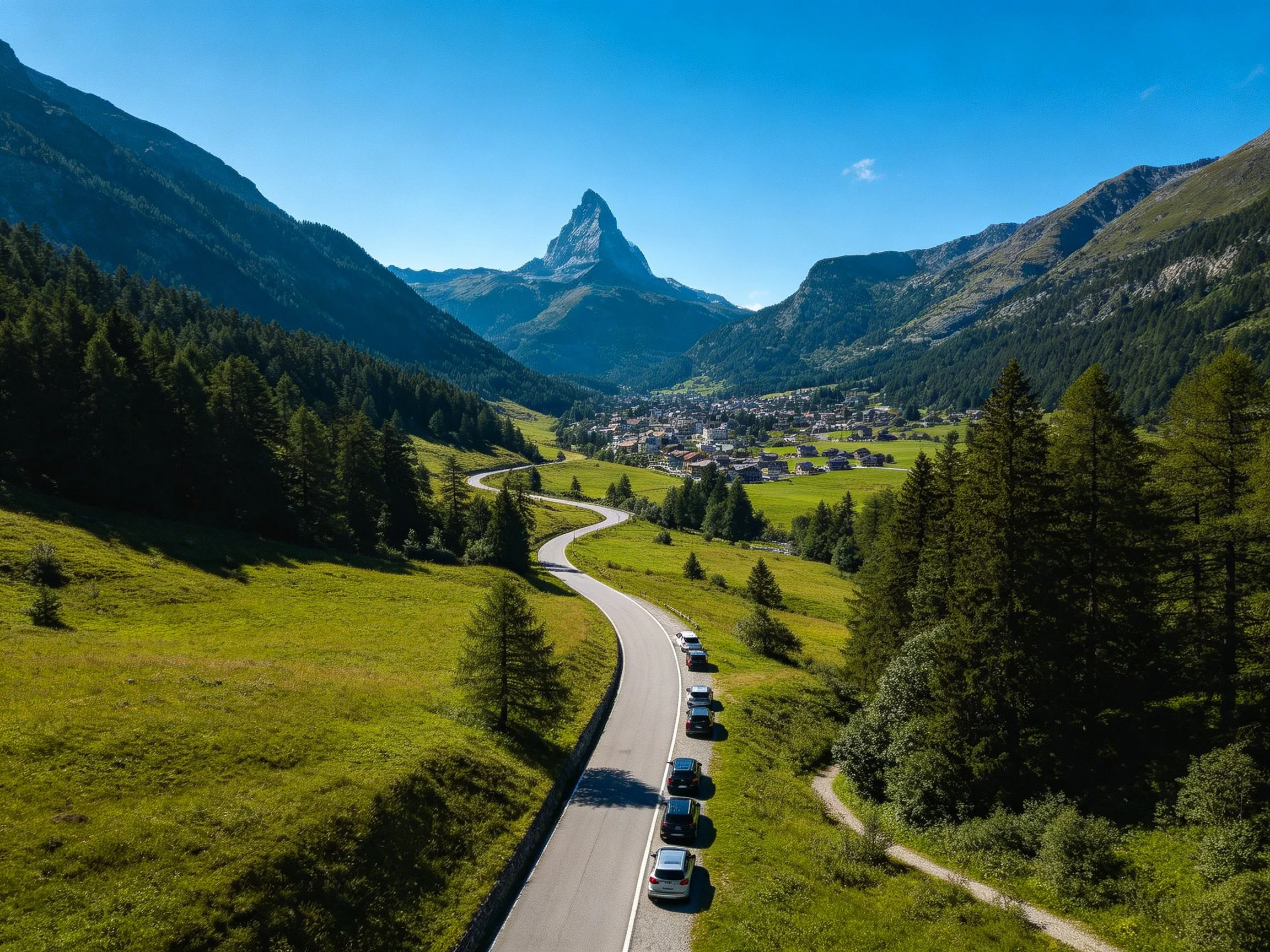 Winding Road Through Lush Valleys, Forests, and Mountain Peak