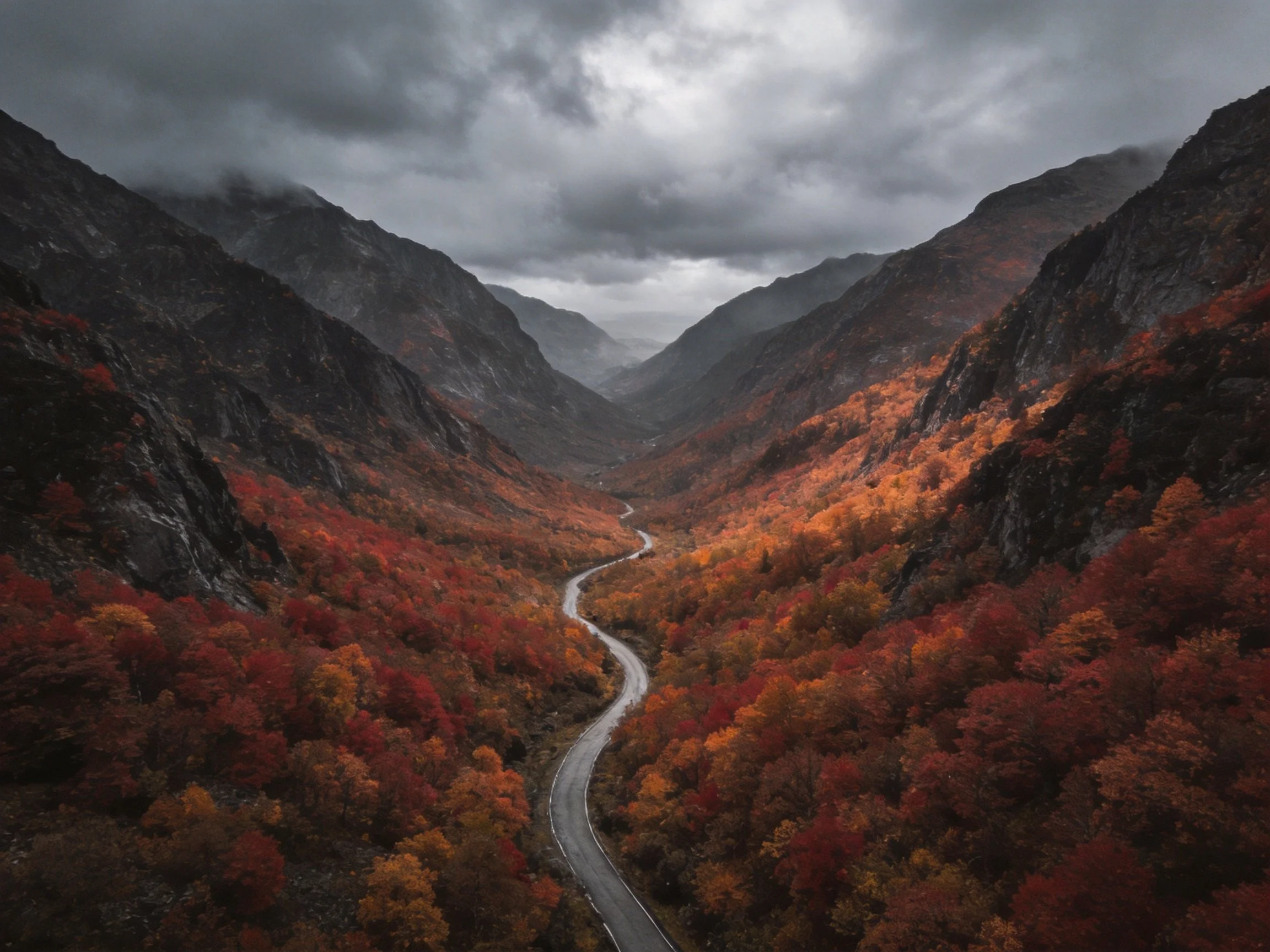Winding Road Through Mountain Valley With Fiery Autumn Forests