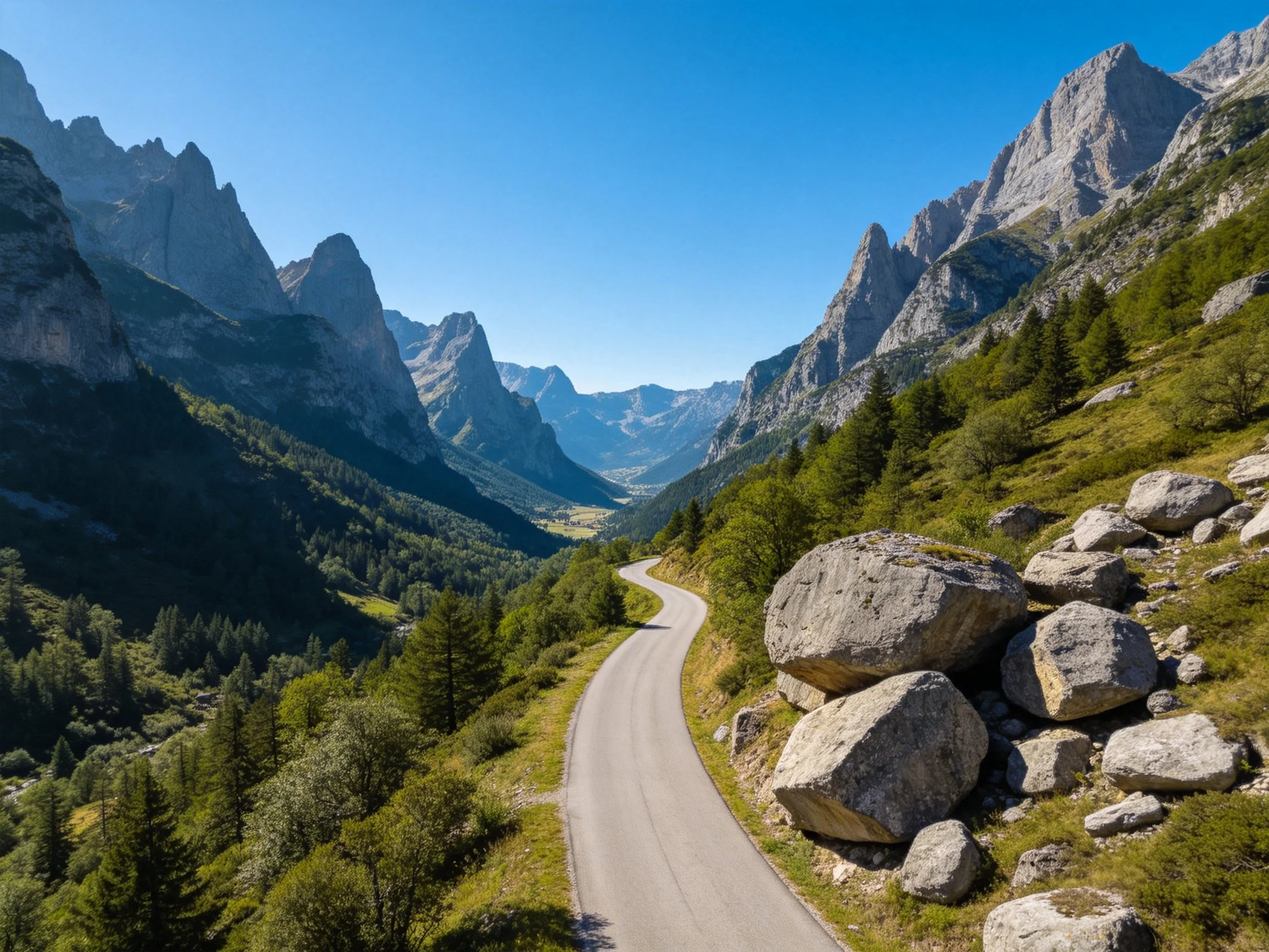 Winding Road Through Mountain Valley With Large Boulders and Lush Greenery