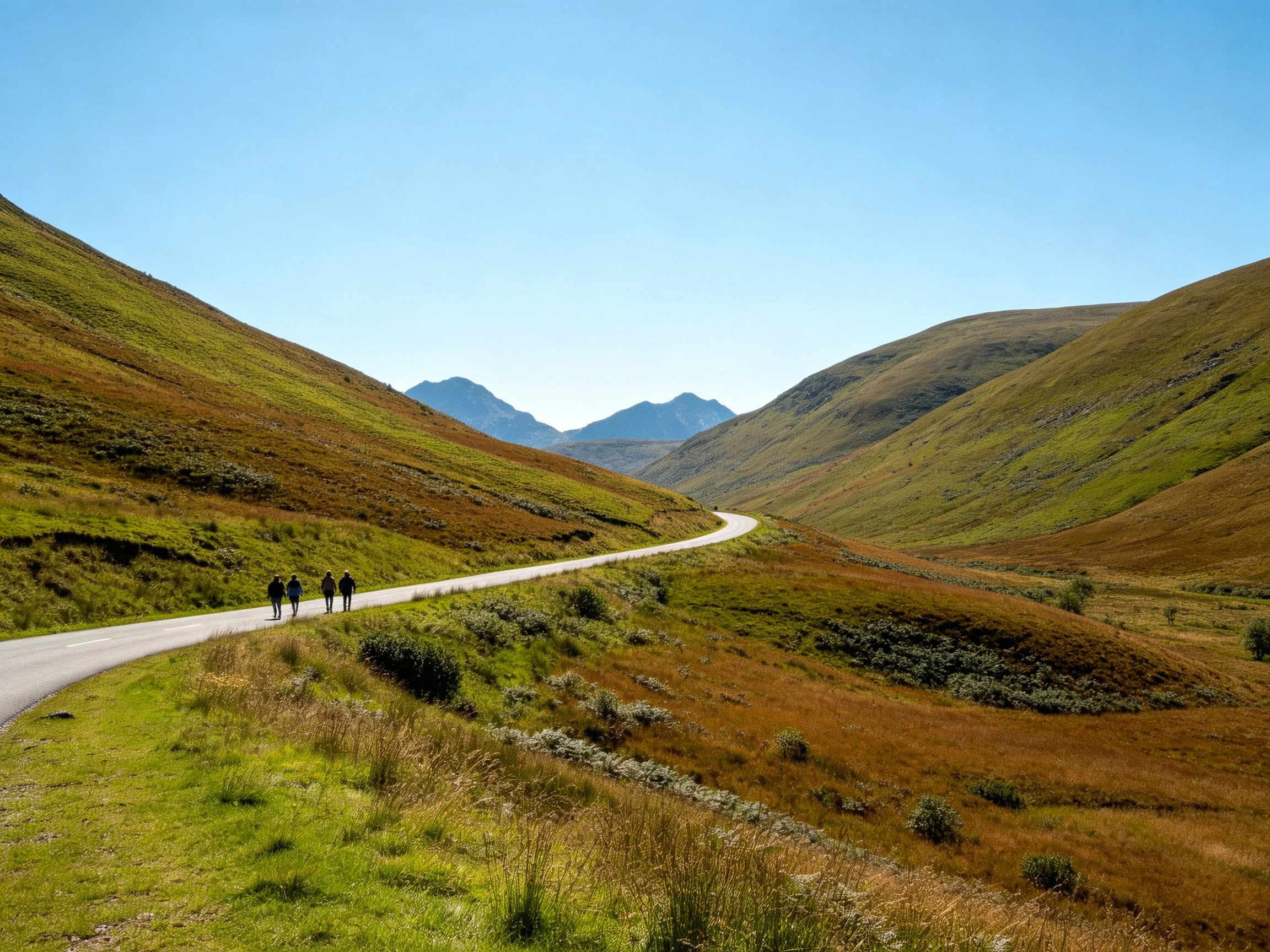 Winding Road Through Rolling Green-Brown Hills With Walkers
