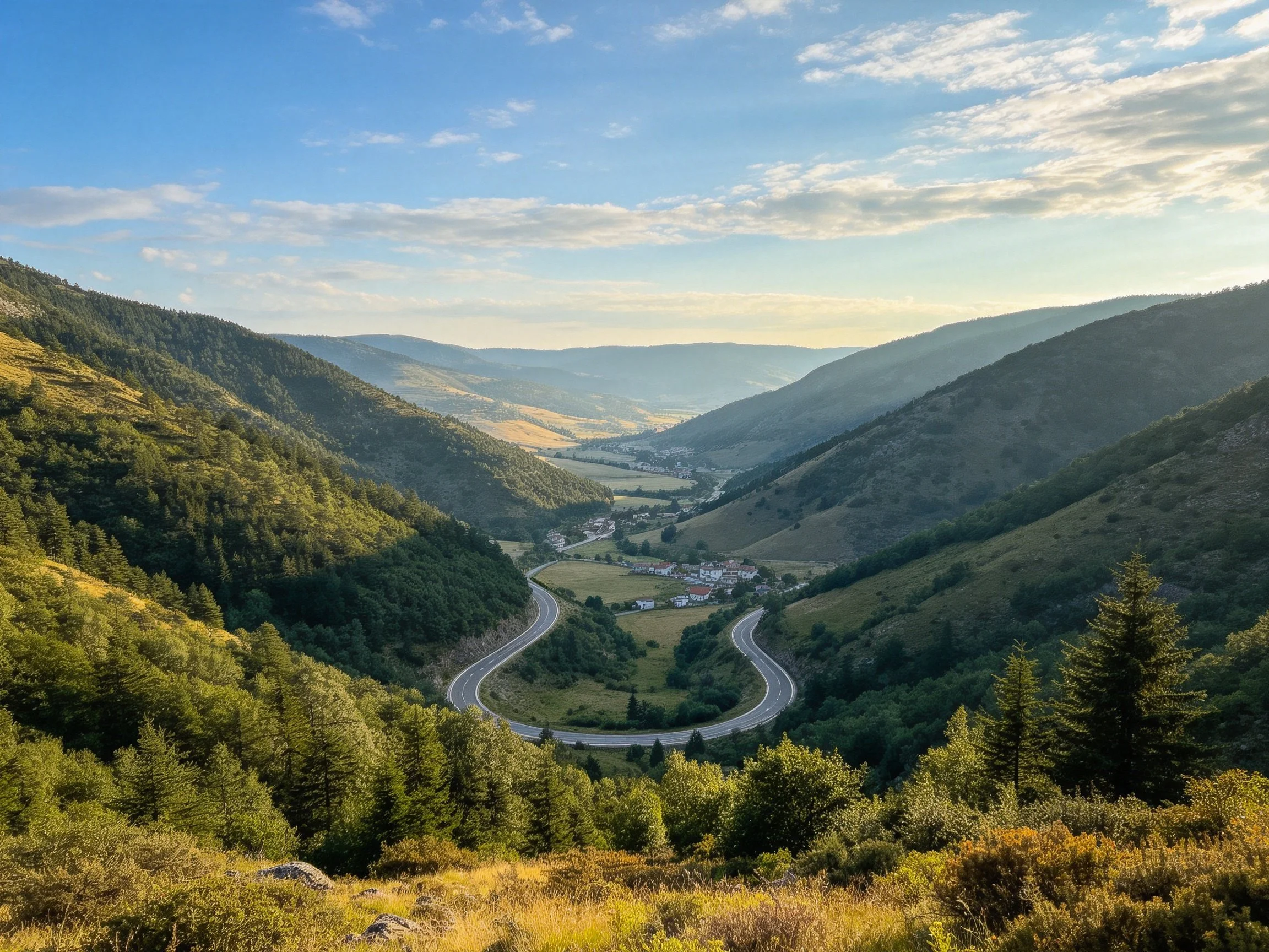 Winding Road Through Verdant Mountain Valleys