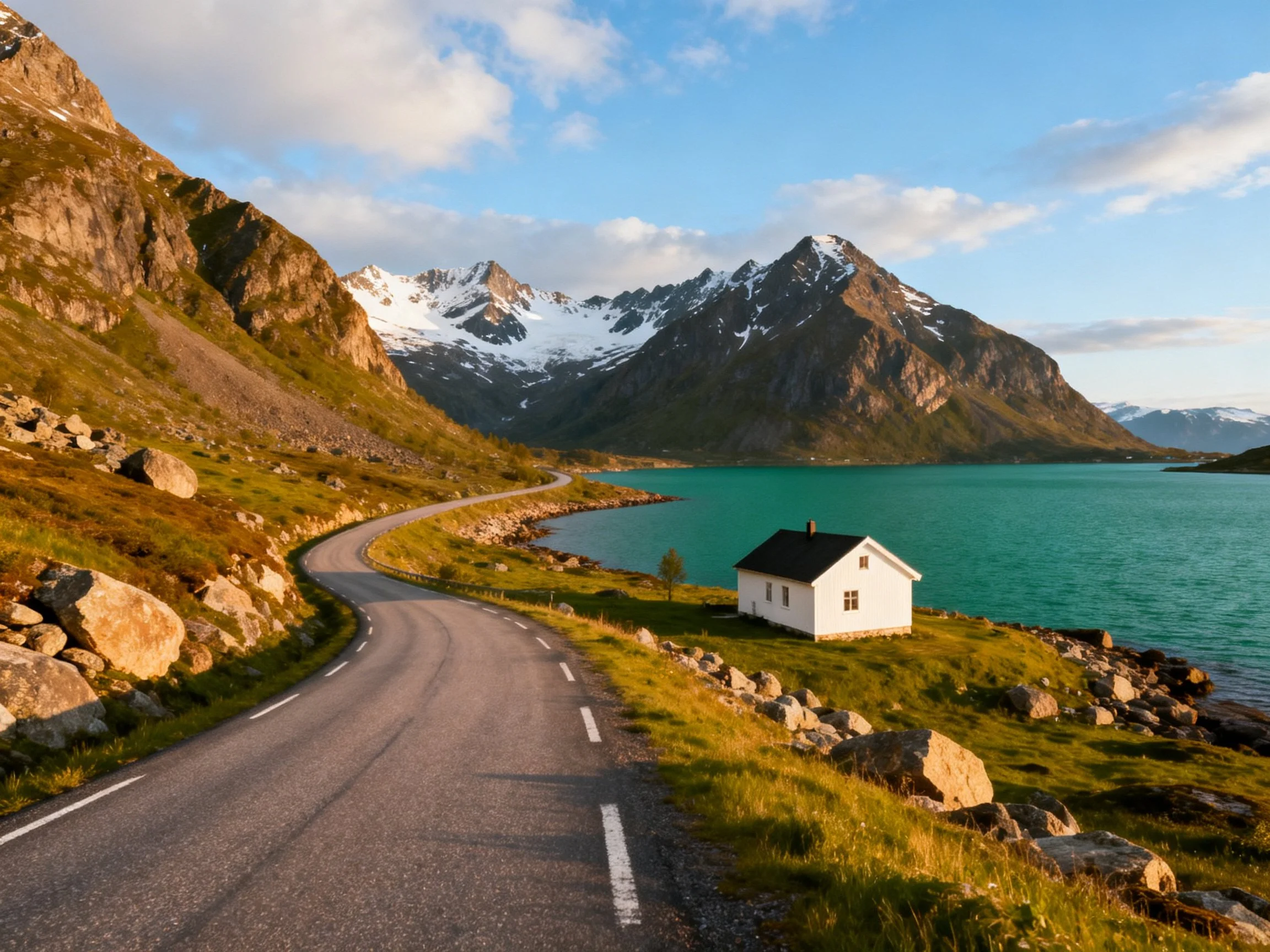 Winding Road by Turquoise Lake with White House and Snow-Capped Mountains