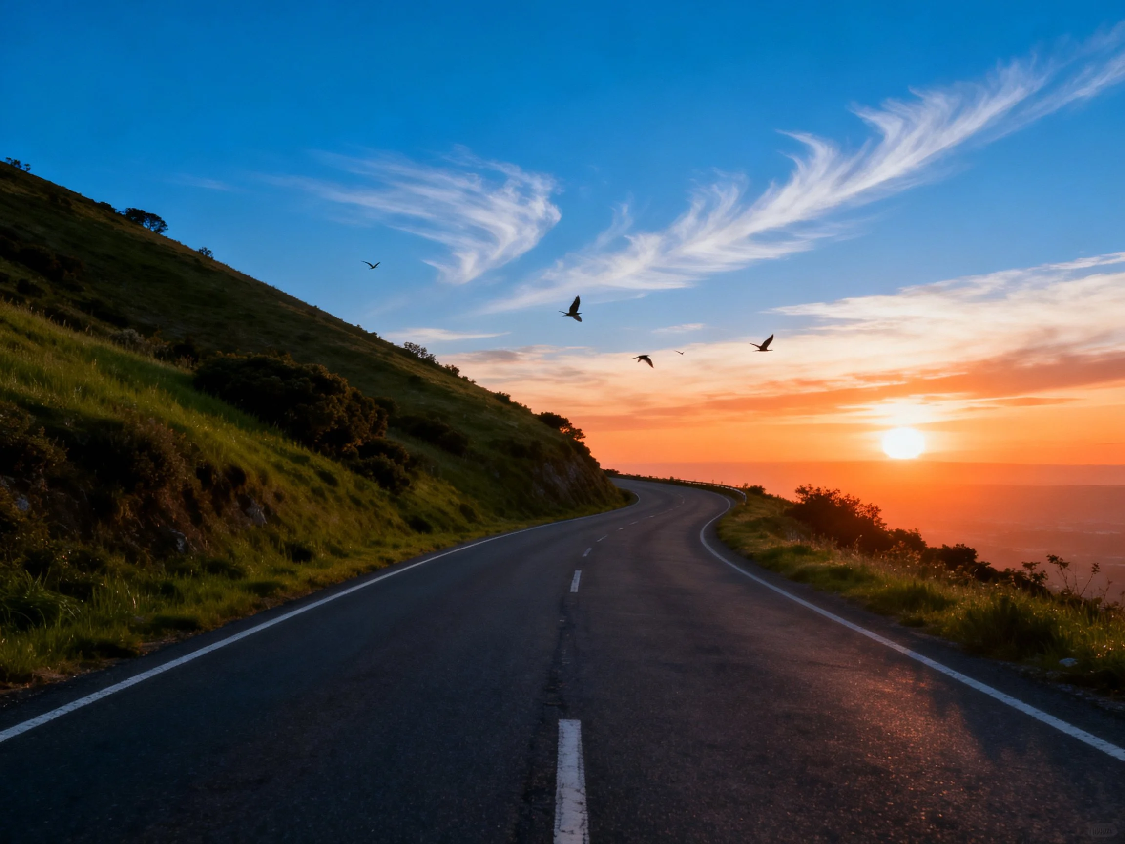 Winding asphalt road at sunset with green hills and colorful sky