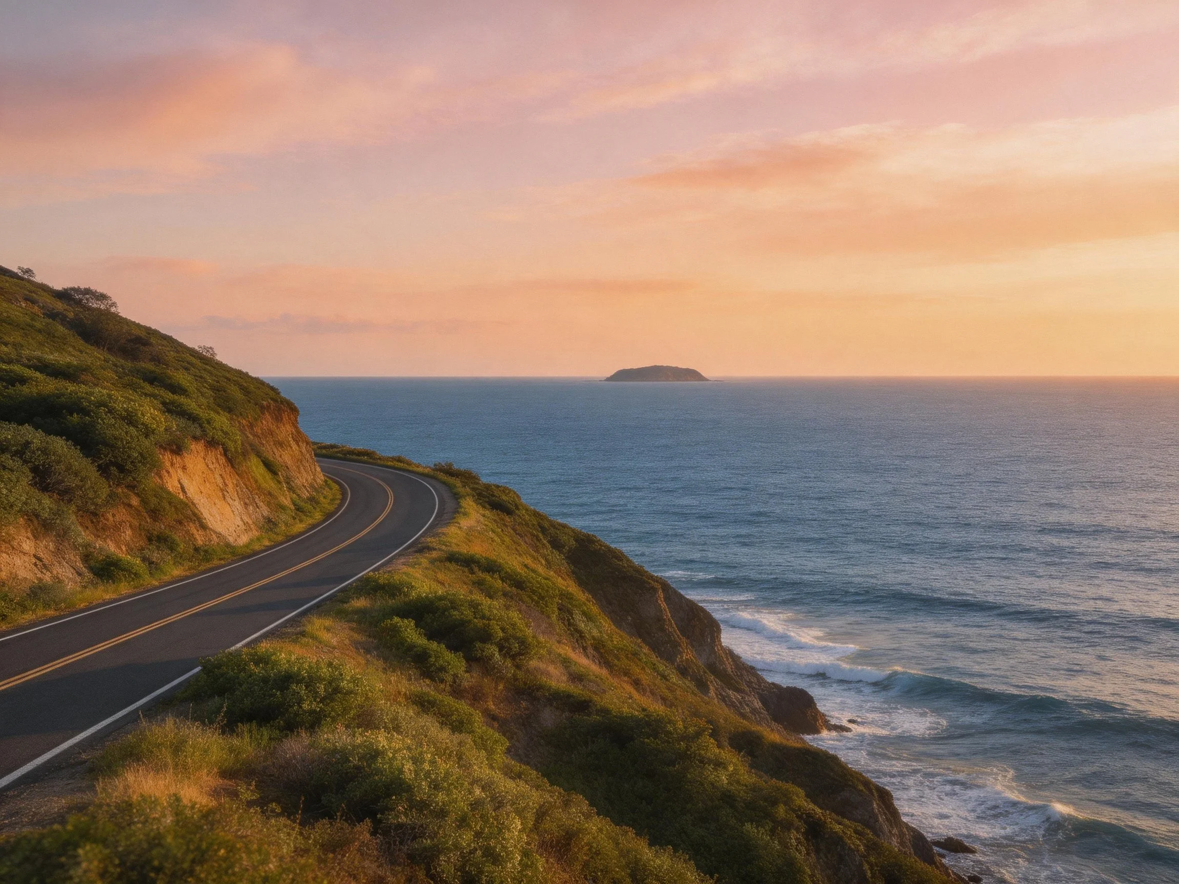 Winding coastal road hugs cliffside overlooking calm ocean at sunset