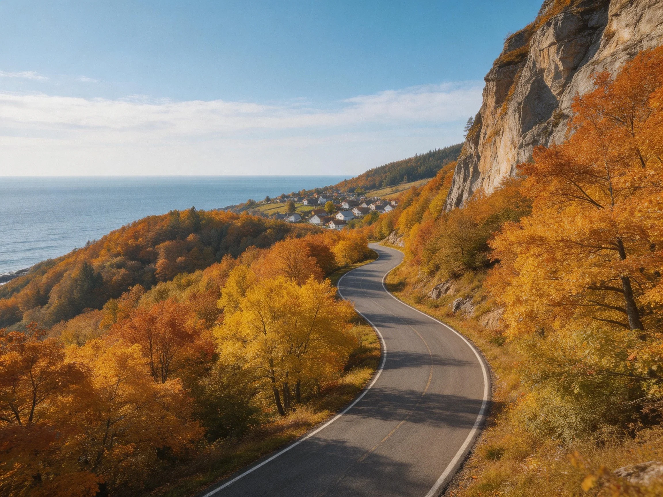 Winding coastal road through vibrant autumn foliage near rocky cliffs