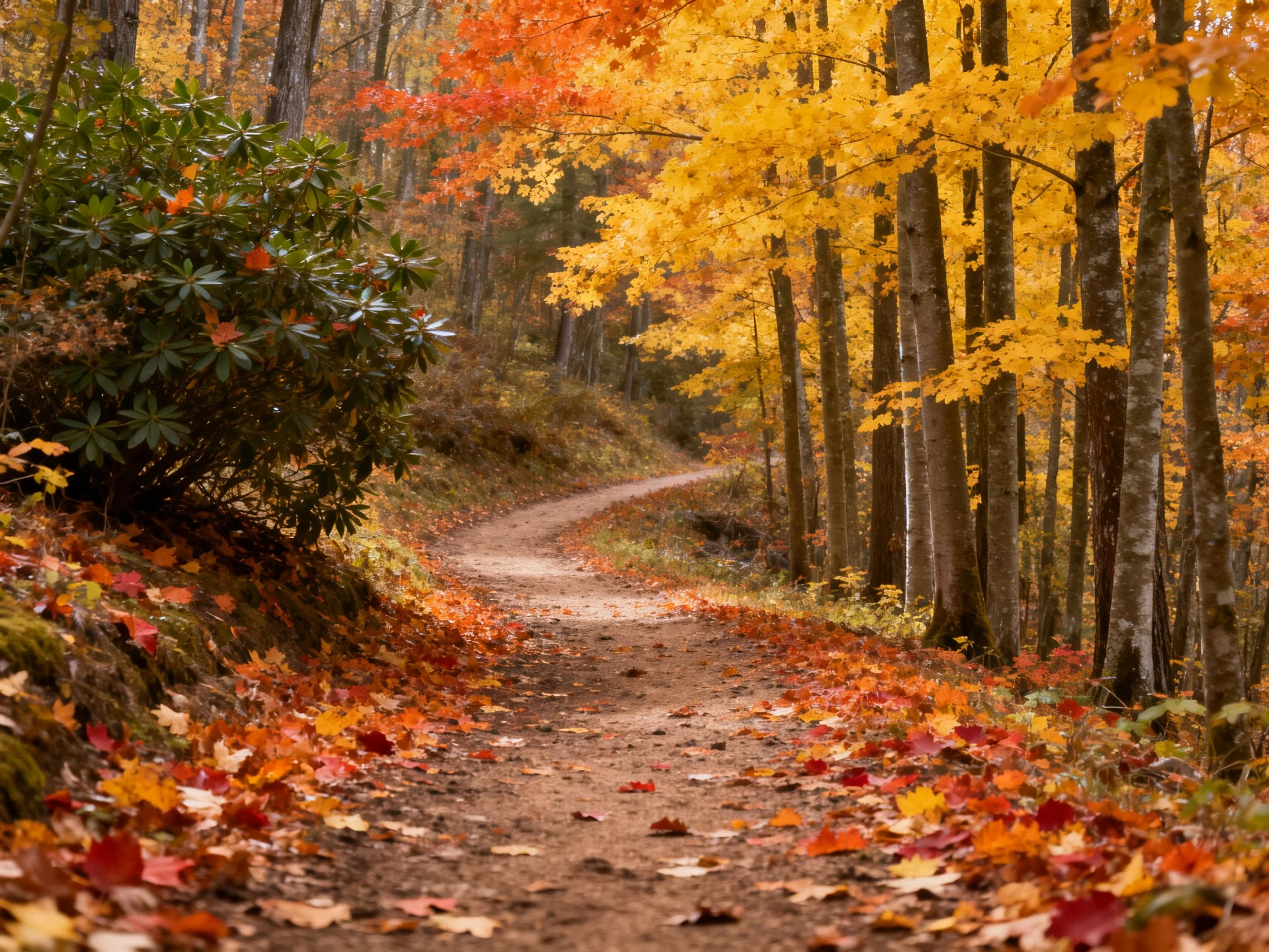 Winding dirt path amid vibrant fall foliage